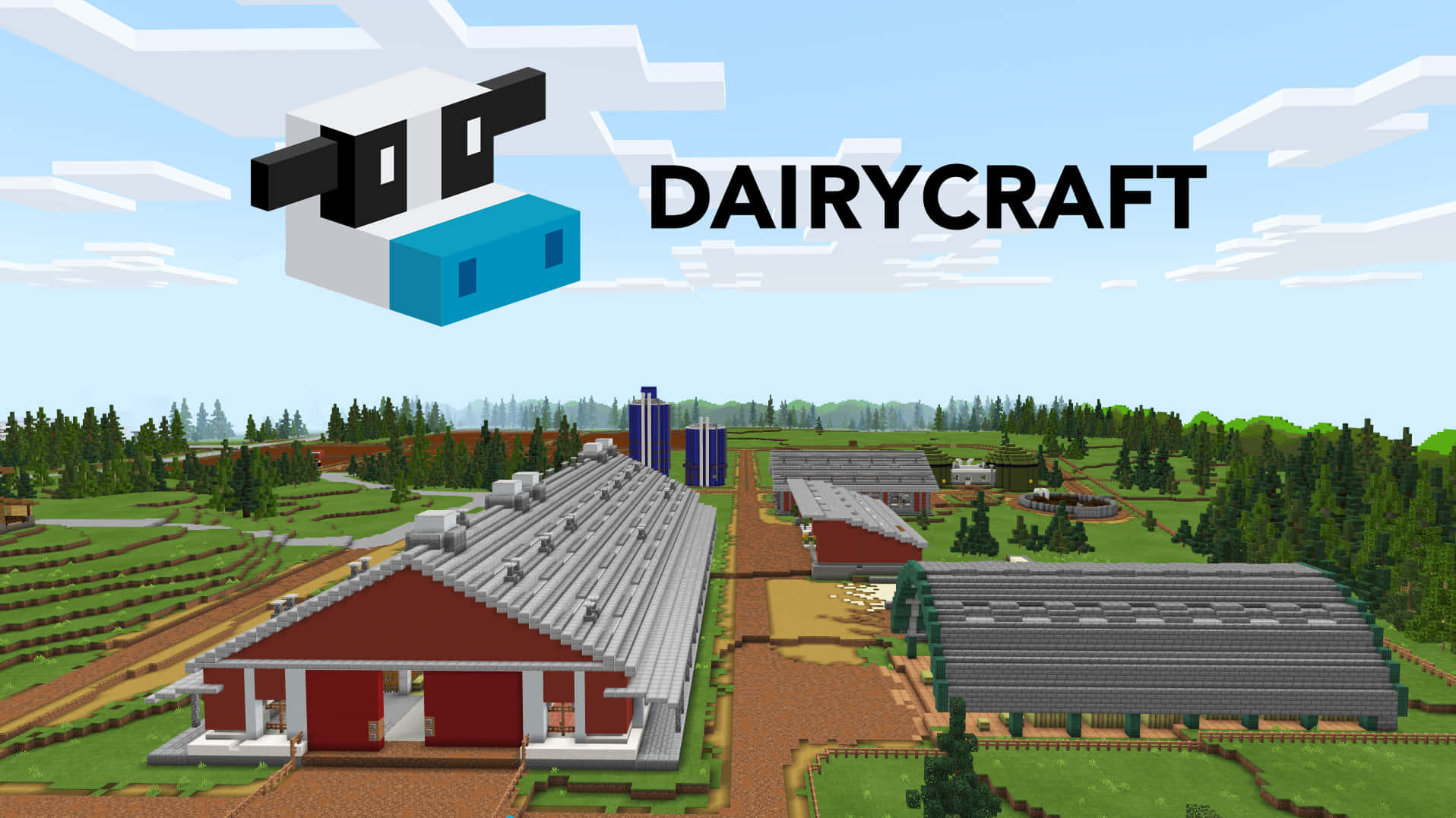 Minecraft Farming 桌布 壁紙 — 一個方塊風格的Minecraft乳牛場，有紅色穀倉、綠色田野和一個在藍天下漂浮的牛標誌。