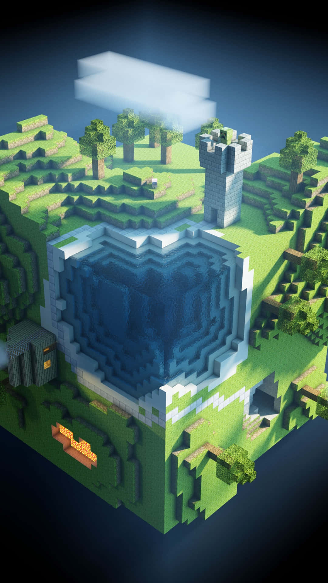 Minecraft Phone 桌布 壁紙 — 一個方塊風格的Minecraft島嶼，中央有湖泊、城堡、樹木，還有一朵浮雲，天空陰暗。