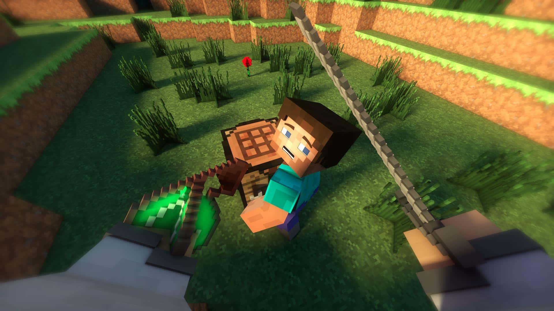 Minecraft Survival 桌布 壁紙 — 一個方塊風格的Minecraft玩家角色在草地上手持劍和盾牌，附近有一朵紅花。