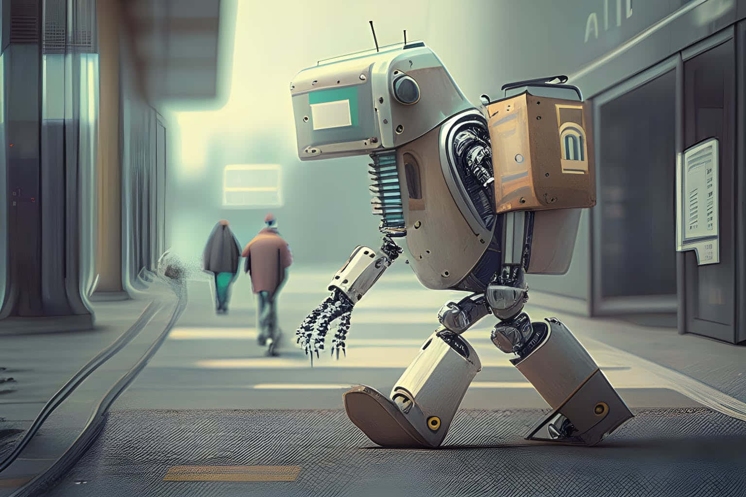 Kawaii Robot 桌布 壁紙 — 一個方形的送貨機械人帶着一個紙箱，沿着未來主義的城市行人路行走，背景有兩個人在散步。