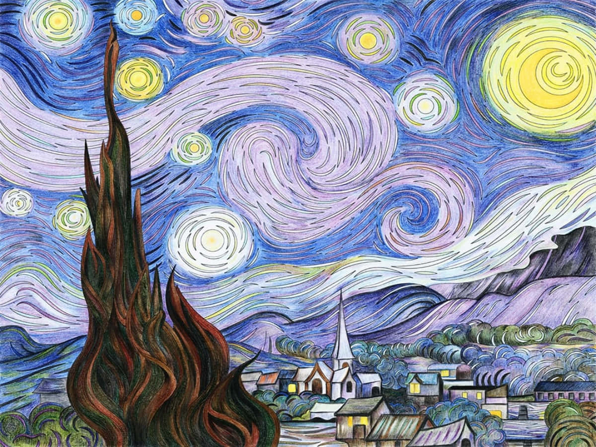 梵高 桌布 壁紙 — 一個旋轉的夜空，閃爍著黃色的星星和一彎新月，籠罩著一個寧靜的村莊，村莊裡有一棵高大的柏樹。