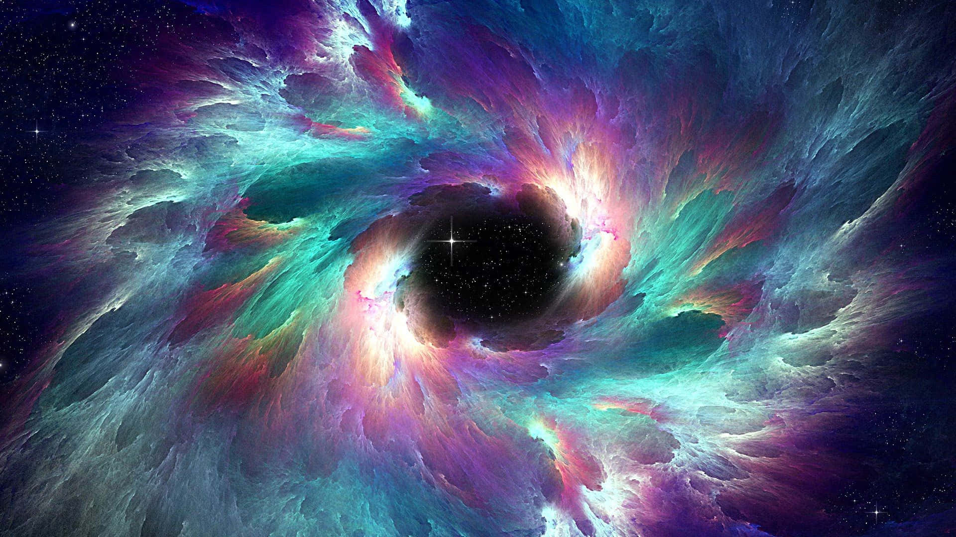 Colorful Space 桌布 壁紙 — 一個旋轉的宇宙星雲，呈現鮮豔的青綠色、紫色和粉紅色色調，環繞著一個黑暗的中心黑洞，背景是繁星點點的虛空。