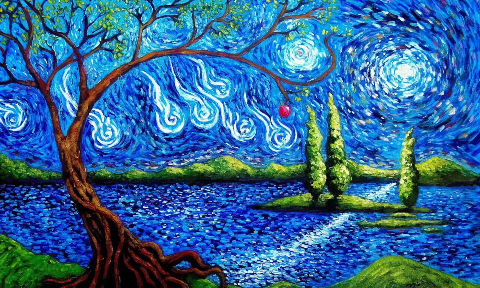 抽象藝術 桌布 壁紙 — 一個旋轉的藍色夜空，星星和一個紅蘋果掛在一棵多節的樹上，樹下是一個有柏樹的倒影湖。