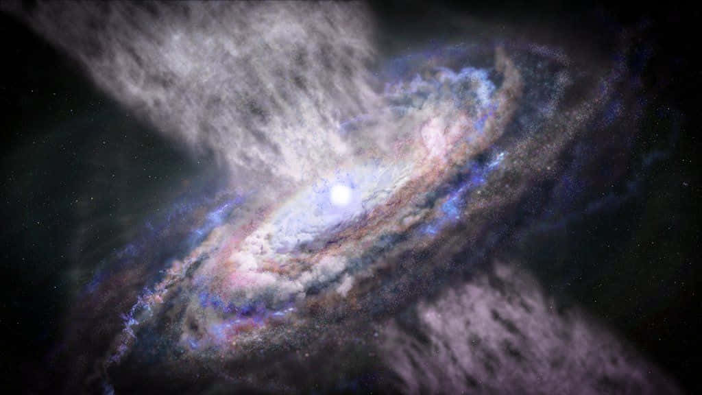 Quasar 桌布 壁紙 — 一個旋轉的螺旋星系，帶有發光的藍色和粉紅色星雲，以及明亮的中心核心，背景是繁星點點的宇宙虛空。