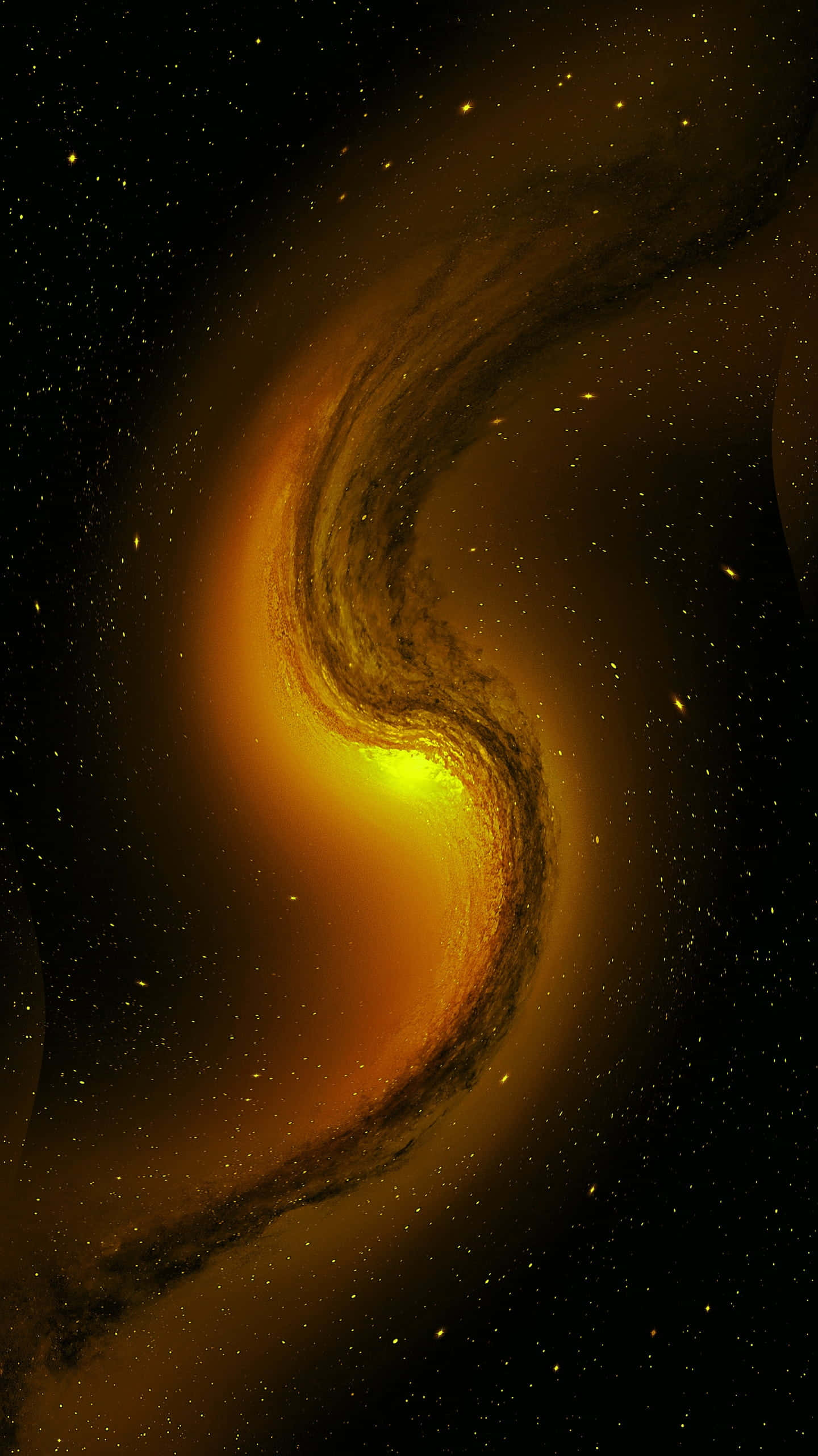 Galaxy S 桌布 壁紙 — 一個旋轉的螺旋星系在佈滿星星的黑色虛空中發出金色琥珀色的光芒。