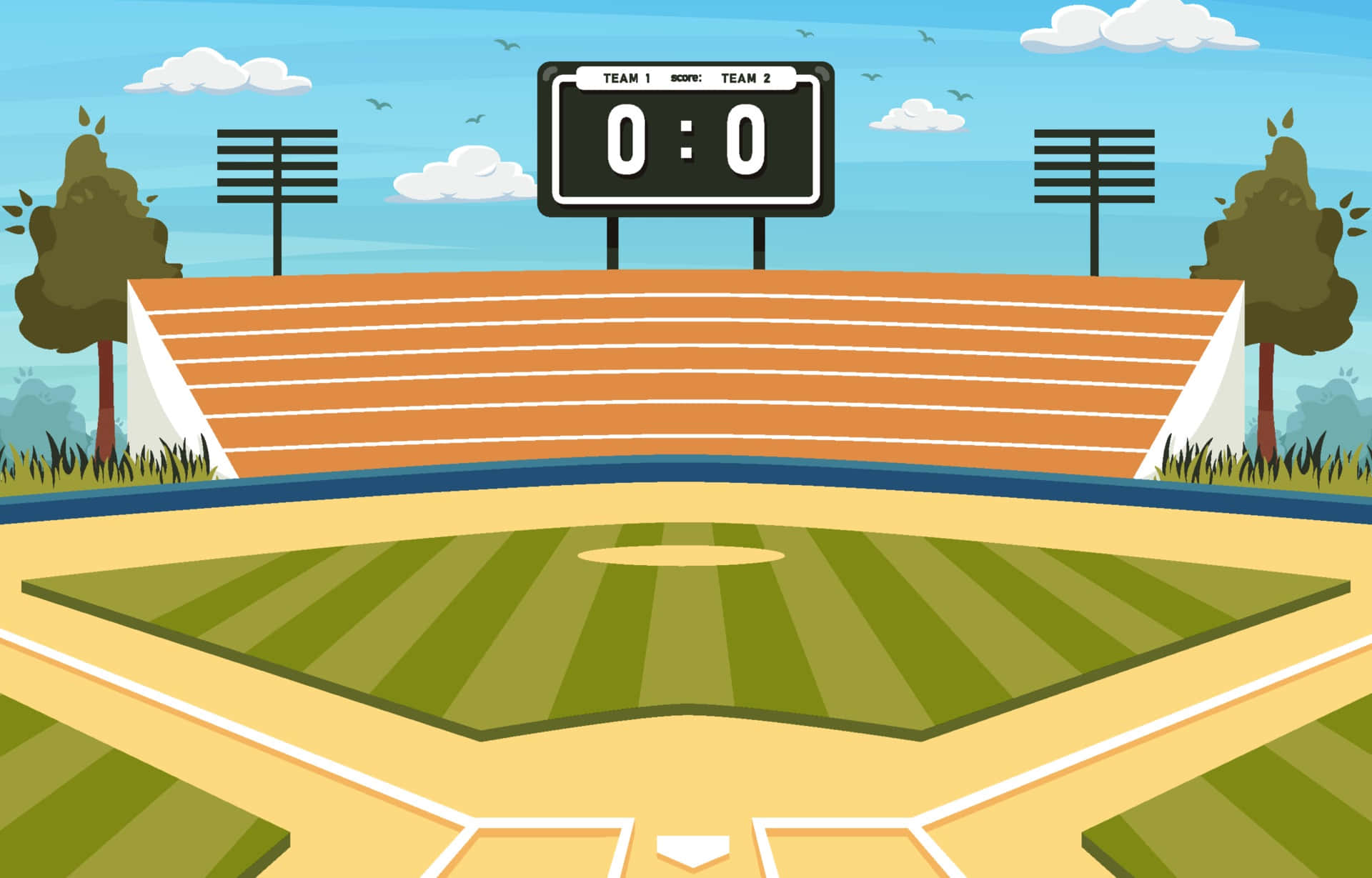 Softball 桌布 壁紙 — 一個明亮的卡通棒球場，有條紋綠色場地、橙色看台和顯示000的記分牌，在藍天白雲下。