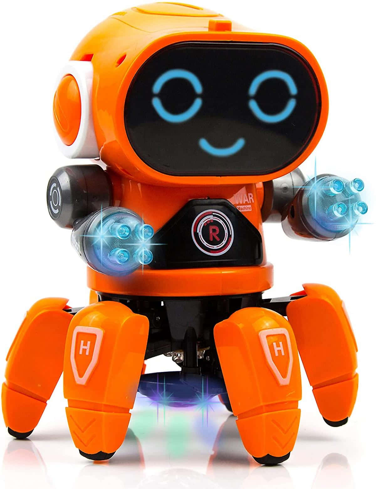 toys 桌布 壁紙 — 一個明亮的橙色玩具機械人，帶有發光的藍色眼睛和雙手，站在白色背景前。
