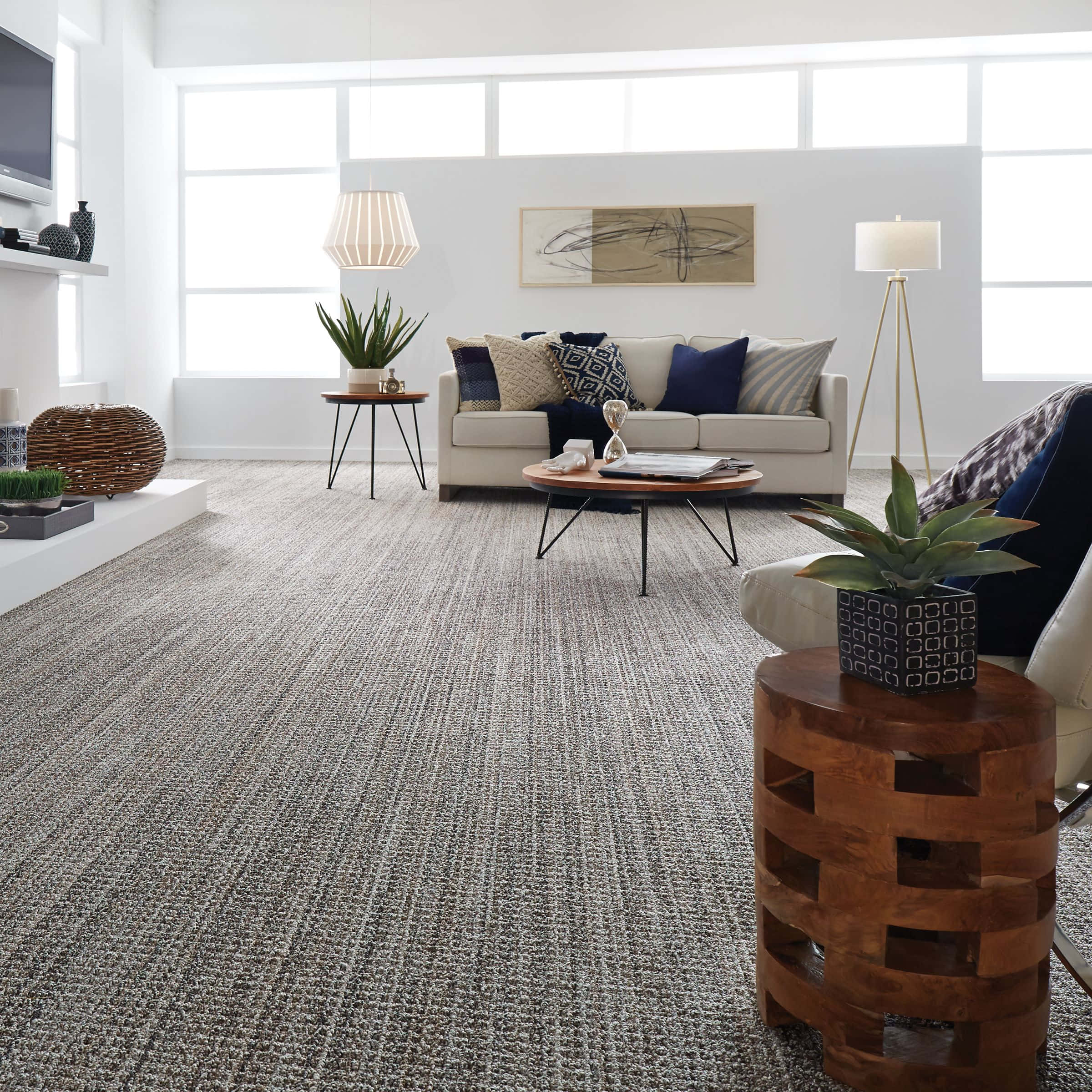 Carpet Texture 桌布 壁紙 — 一個明亮的現代客廳，配有質感灰色地毯、白色牆壁和海軍藍色點綴靠墊。