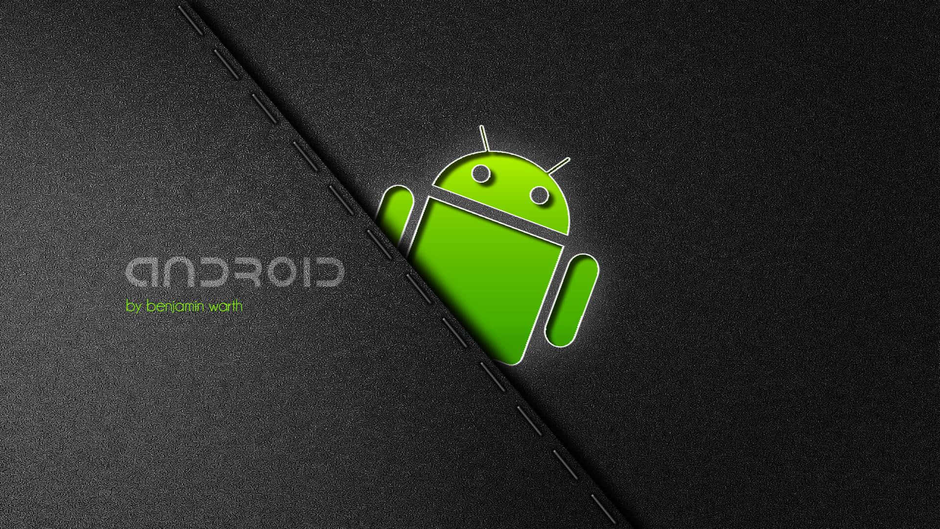 Android Computer 桌布 壁紙 — 一個明亮的綠色Android機械人從帶有縫合接縫和發光輪廓的黑色紋理表面後面探出頭來。
