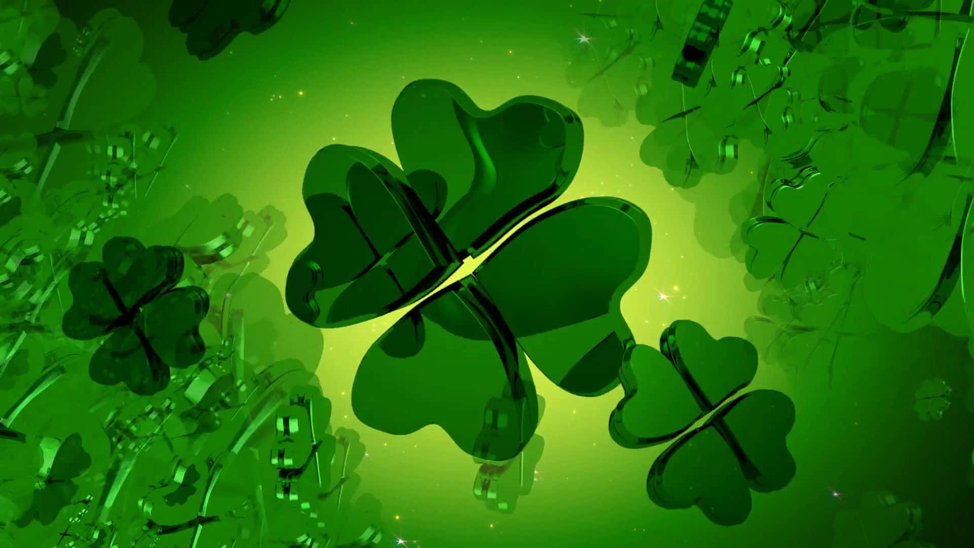 clover 桌布 壁紙 — 一個明亮的綠色漸變背景，帶有閃亮的三葉草漂浮著，伴隨著閃爍的光點。