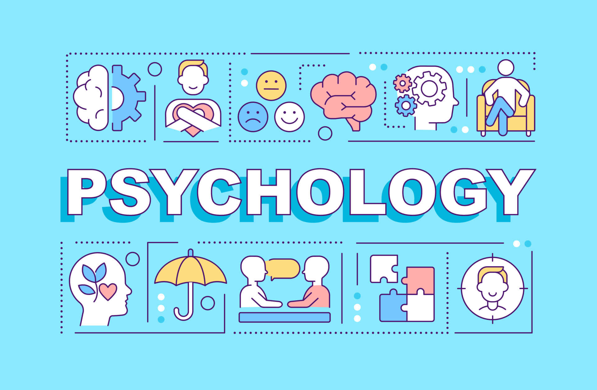 Psychology 桌布 壁紙 — 一個明亮的藍色背景上，以粗體白色字體顯示心理學一詞，周圍環繞著代表心理健康和認知概念的線條圖標。