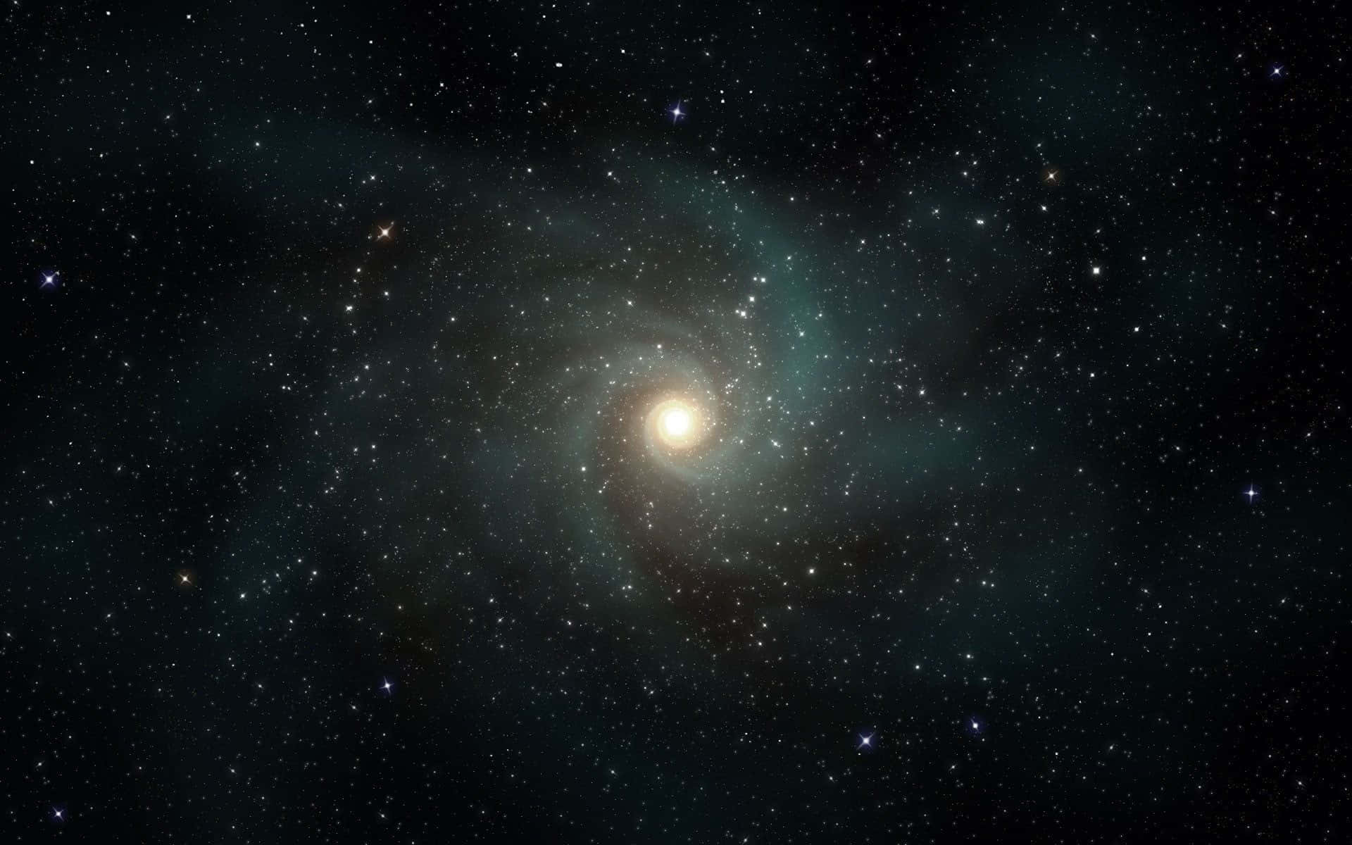 Galaxy Stars 桌布 壁紙 — 一個明亮的螺旋星系在充滿青綠色星雲和遙遠恆星的星場中心發光。