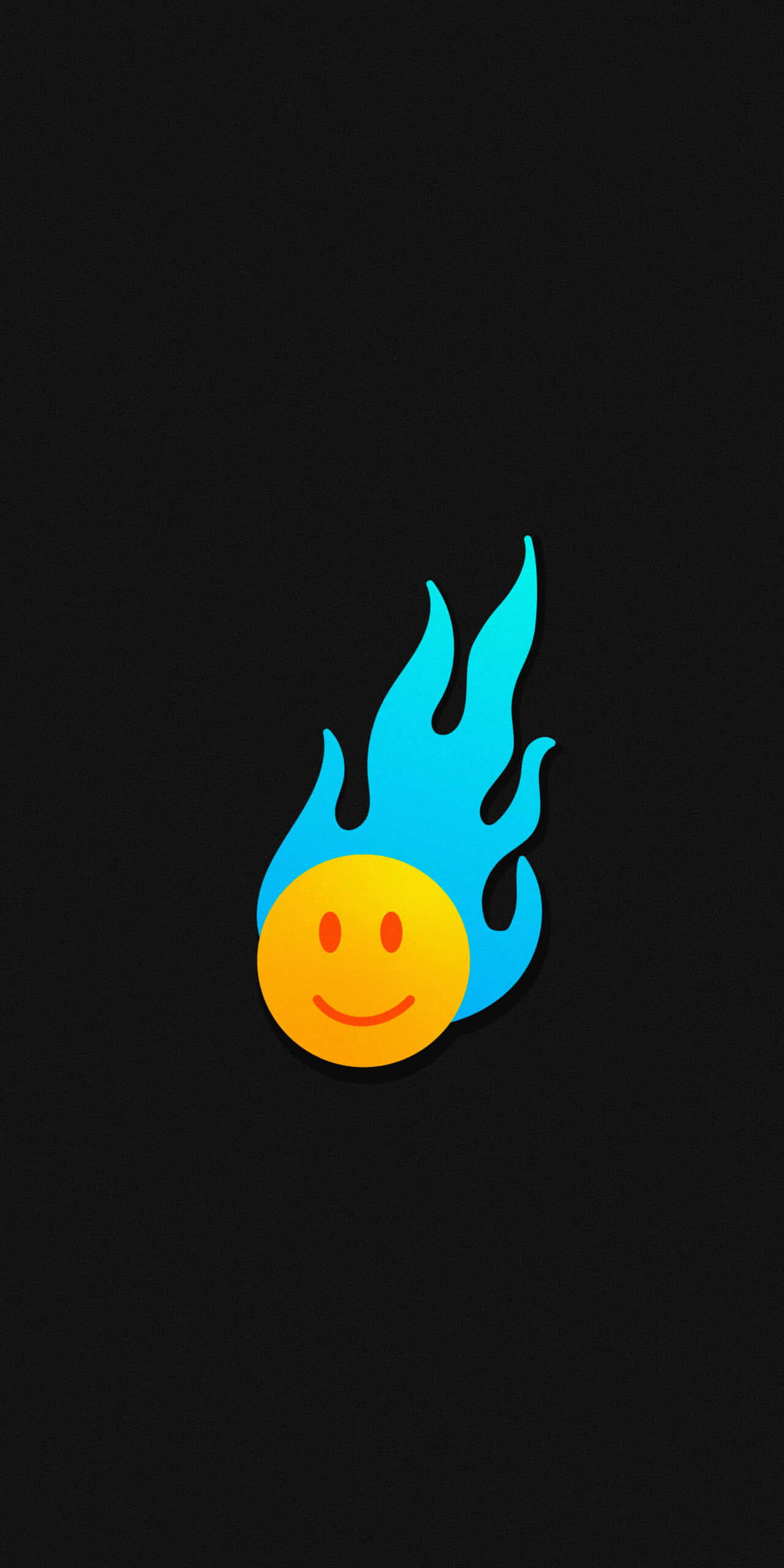 Aesthetic Smiley Face 桌布 壁紙 — 一個明亮的黃色笑臉，帶有藍色火焰狀頭髮，在純黑色背景上脫穎而出。