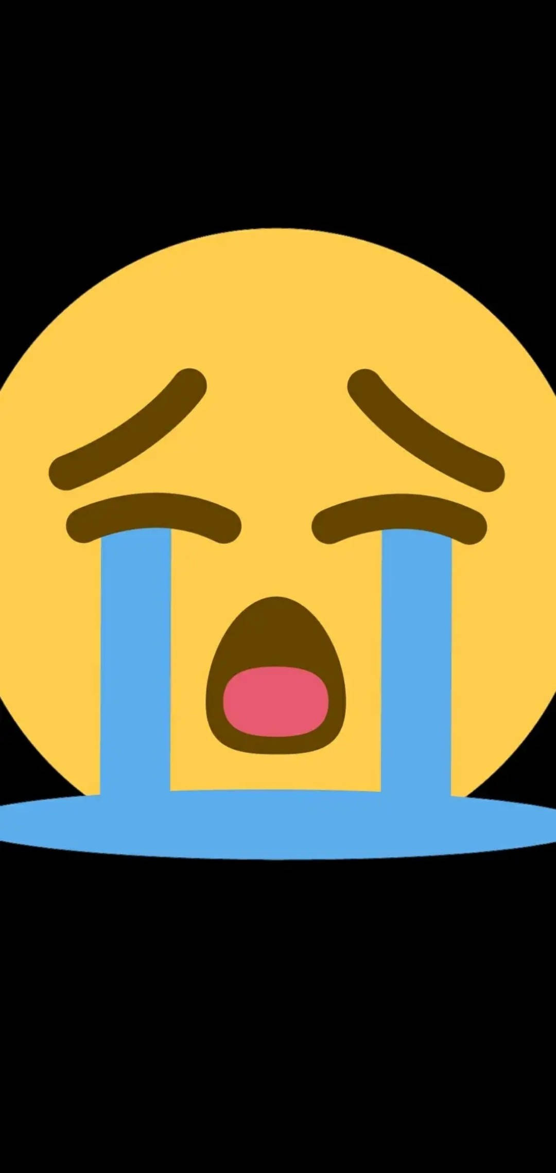 Sad Emoji 桌布 壁紙 — 一個明亮的黃色表情符號臉在黑色背景上流下大顆藍色眼淚。