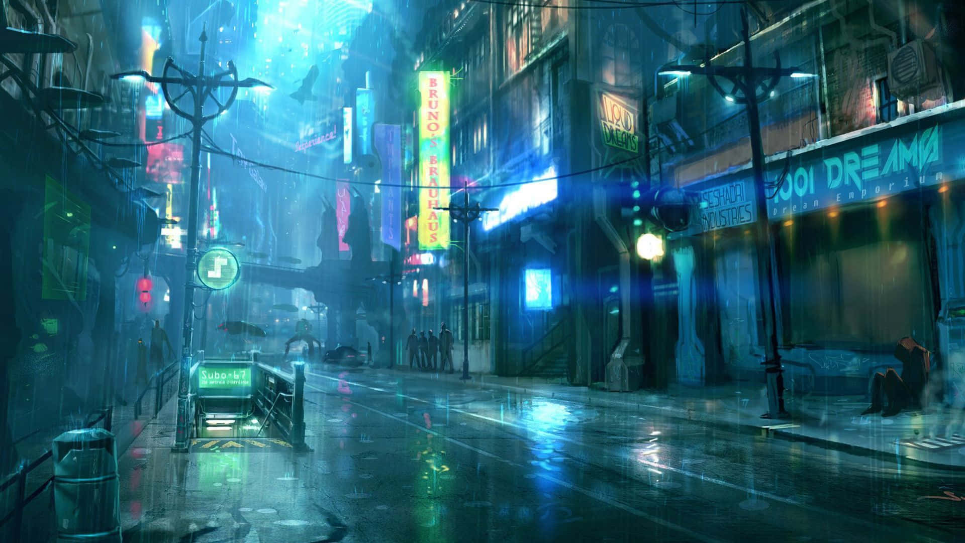 未來城市街道夜景，霓虹招牌在濕路面上反射。