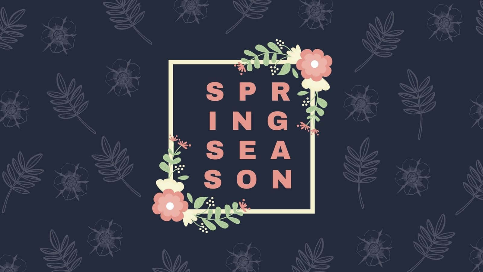 Spring Pastel 桌布 壁紙 — 一個春季文字，以粉紅色花朵和綠色植物圍繞，背景為深藍色，帶有細微的葉片圖案。