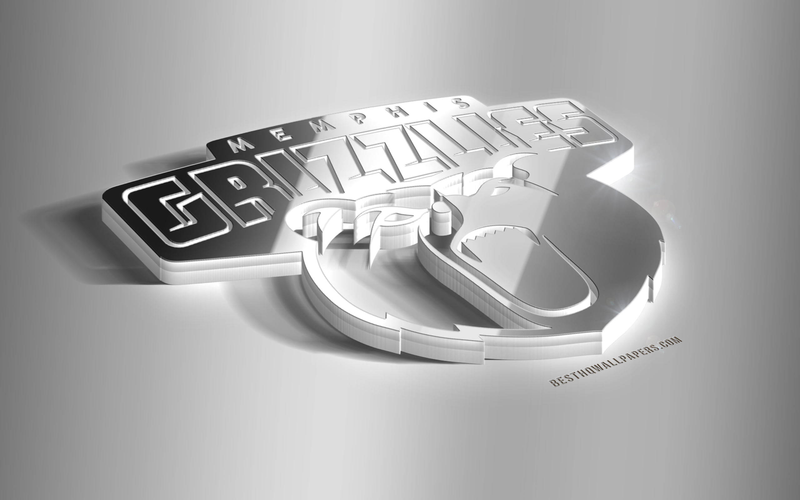 3D 桌布 壁紙 — 一個時尚的3D渲染孟菲斯灰熊隊標誌，在柔和的漸變灰色背景上閃耀著金屬光澤。