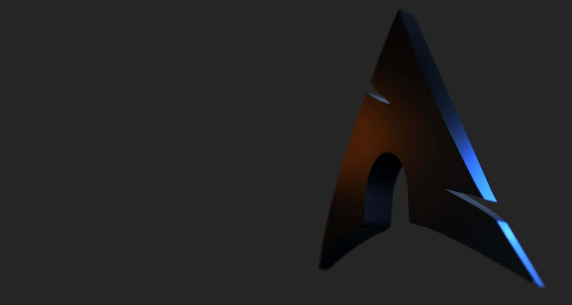 Arch Linux 桌布 壁紙 — 一個時尚的3D渲染風格字母A，在深灰色背景上閃爍著藍色和橙色的亮點。