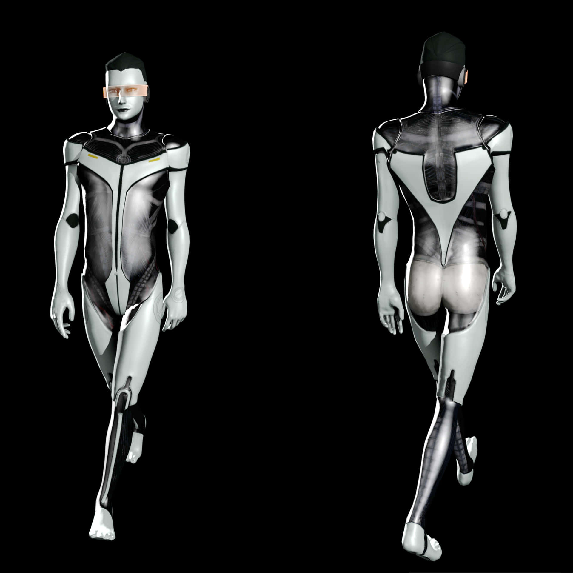 Mass Effect Edi 桌布 壁紙 — 一個時尚的人形機械人，在黑色背景前後展示，帶有金屬銀色和黑色面板。