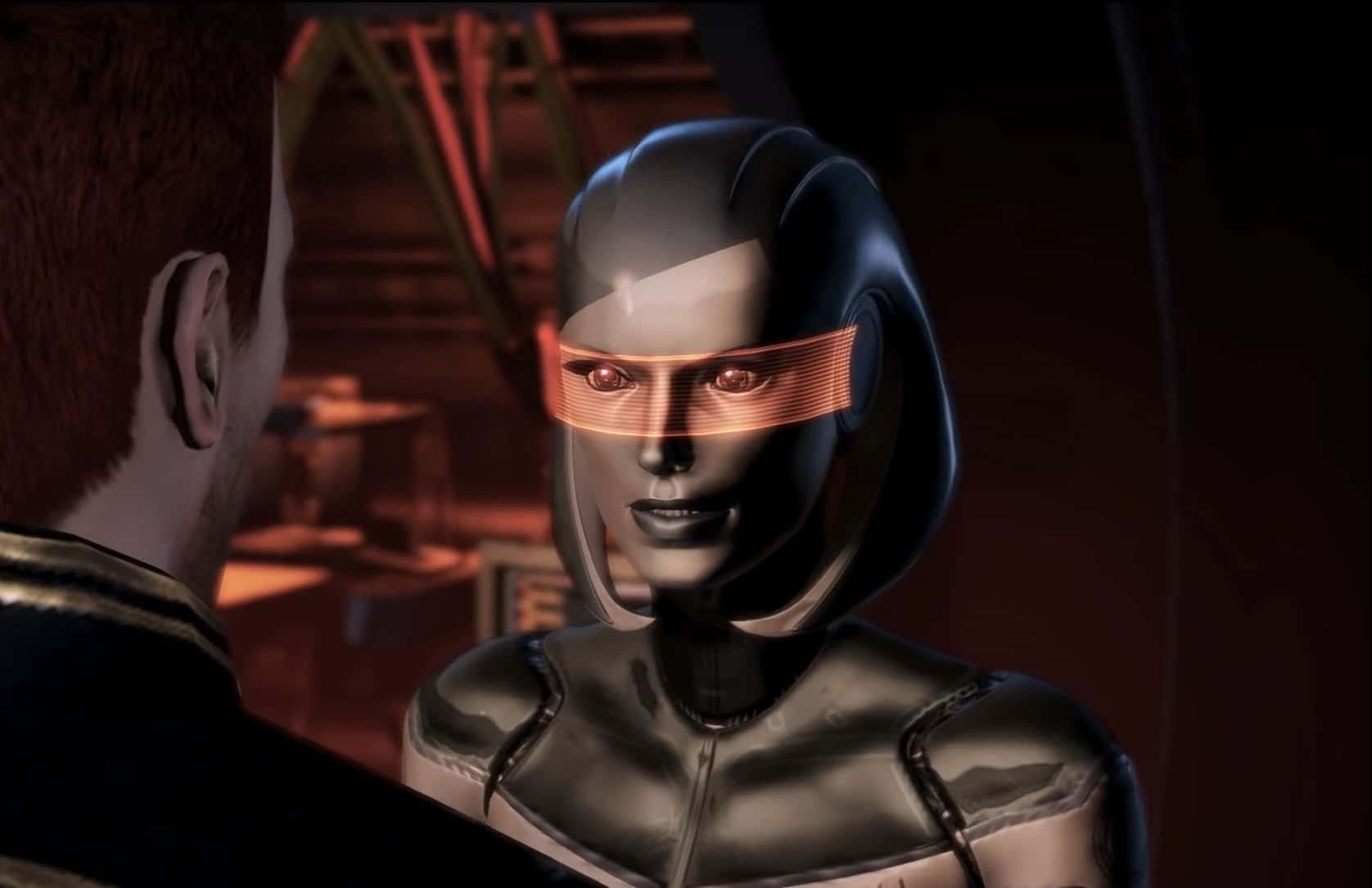 Mass Effect Edi 桌布 壁紙 — 一個時尚的人形機械人，帶有發光的橙色護目鏡，在昏暗的未來場景中與人類交談。