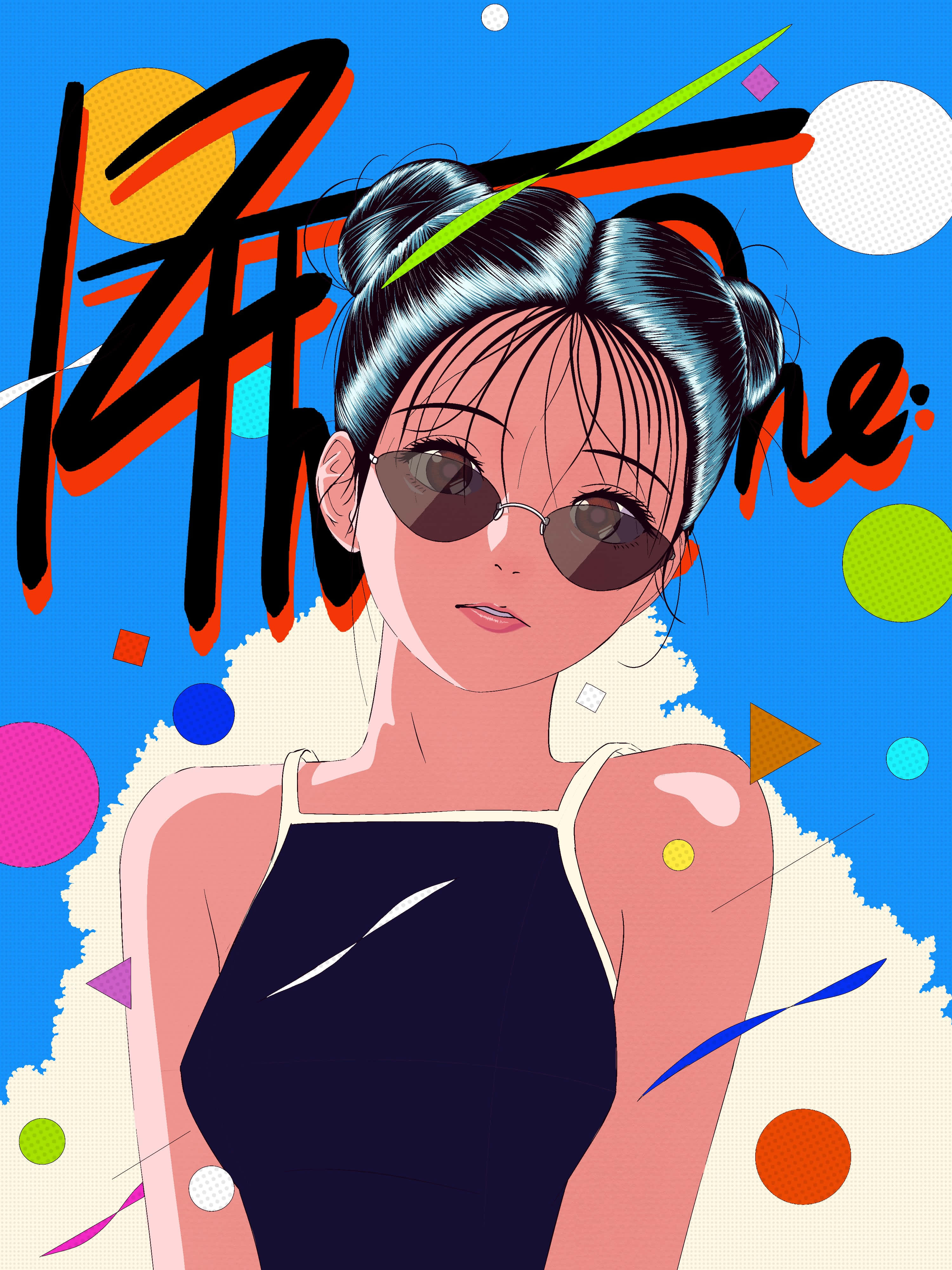 Japanese Pop Art 桌布 壁紙 — 一個時尚的動漫女孩，藍色頭髮和太陽眼鏡，站在充滿色彩繽紛幾何形狀和大膽字體的鮮豔藍色背景前。