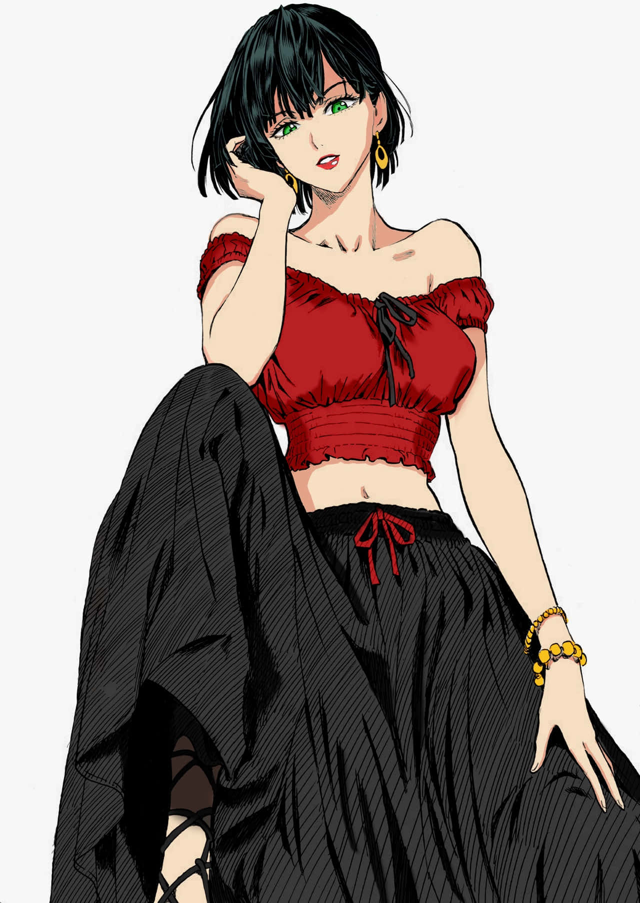 Hellish Blizzard 桌布 壁紙 — 一個時尚的動漫女孩，黑髮綠眼，自信地穿著紅色短上衣和黑色裙子，站在純色背景前。