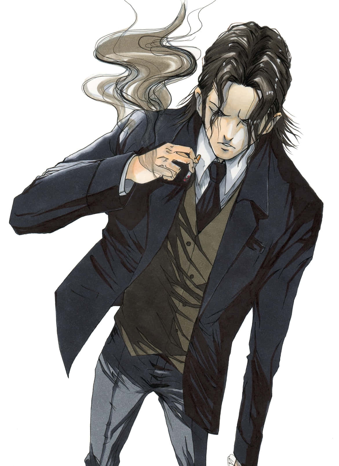 Sakuya Togane 桌布 壁紙 — 一個時尚的動漫男子穿著深色西裝抽煙，煙霧戲劇性地在他的頭周圍旋轉。