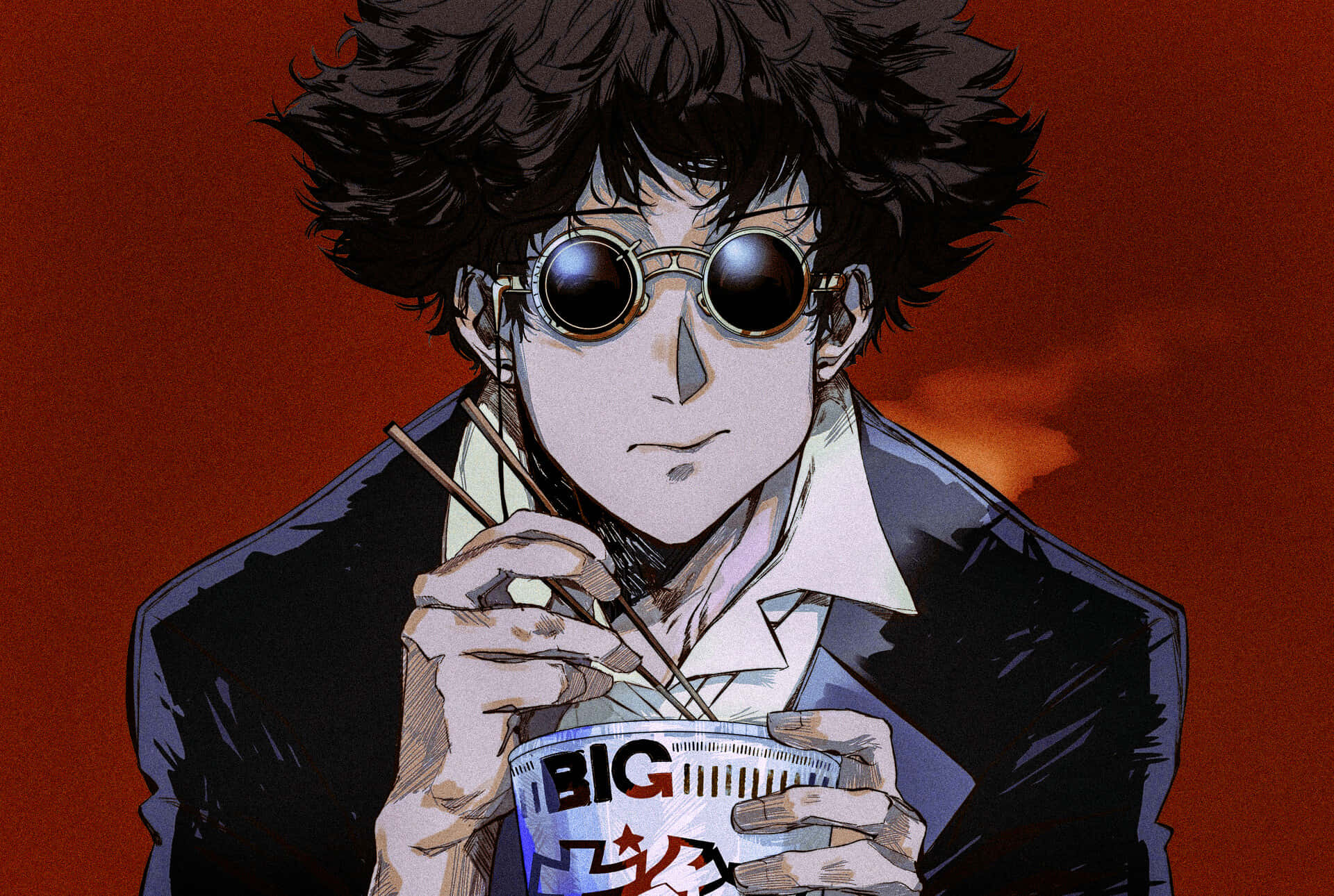 Spike Spiegel 桌布 壁紙 — 一個時尚的動漫角色，有著狂野的頭髮和圓形太陽眼鏡，在火紅的背景前吃即食麵。