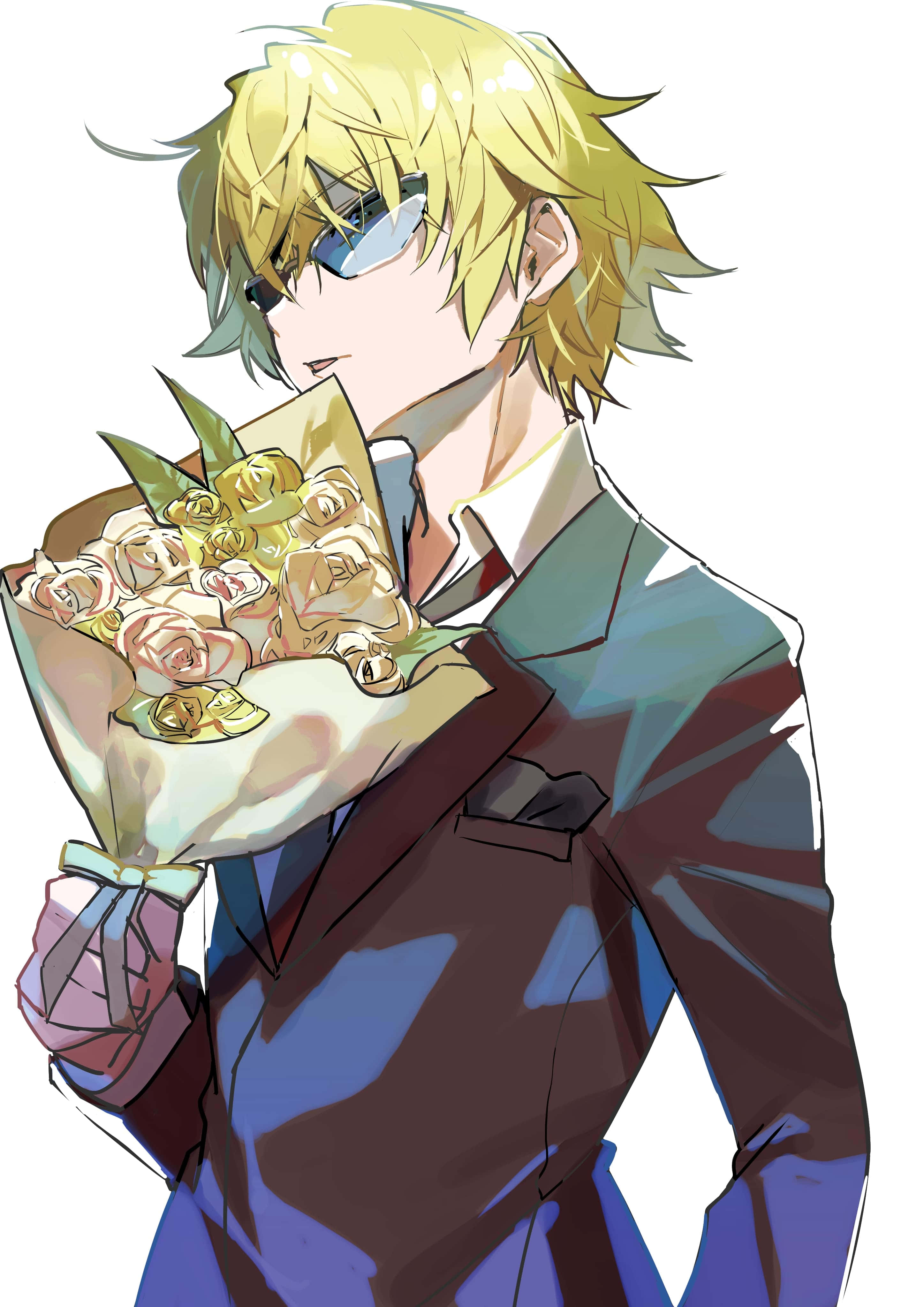 Shizuo Heiwajima 桌布 壁紙 — 一個時尚的動畫男孩，金髮，戴太陽眼鏡，穿著藍色西裝，在白色背景前拿著一束奶油色玫瑰。