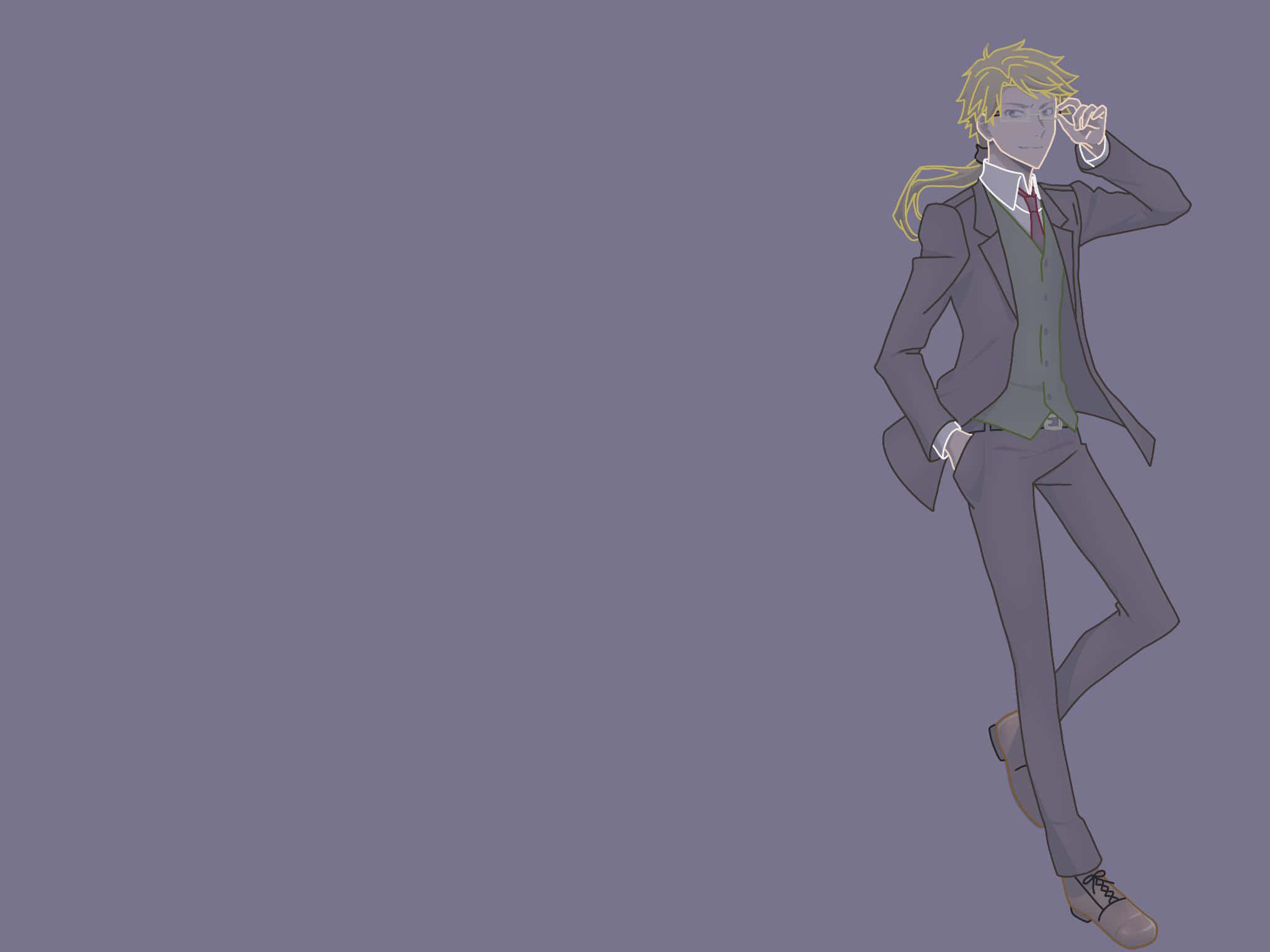 Kunikida 桌布 壁紙 — 一個時尚的動畫男性角色，金髮，穿著灰色西裝，在純紫色背景前自信地擺姿勢。