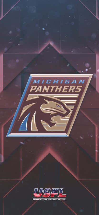 Usfl 桌布 壁紙 — 一個時尚的密歇根黑豹隊標誌在深色幾何背景上閃耀著金色和藍色光芒，並帶有漂浮的粒子。
