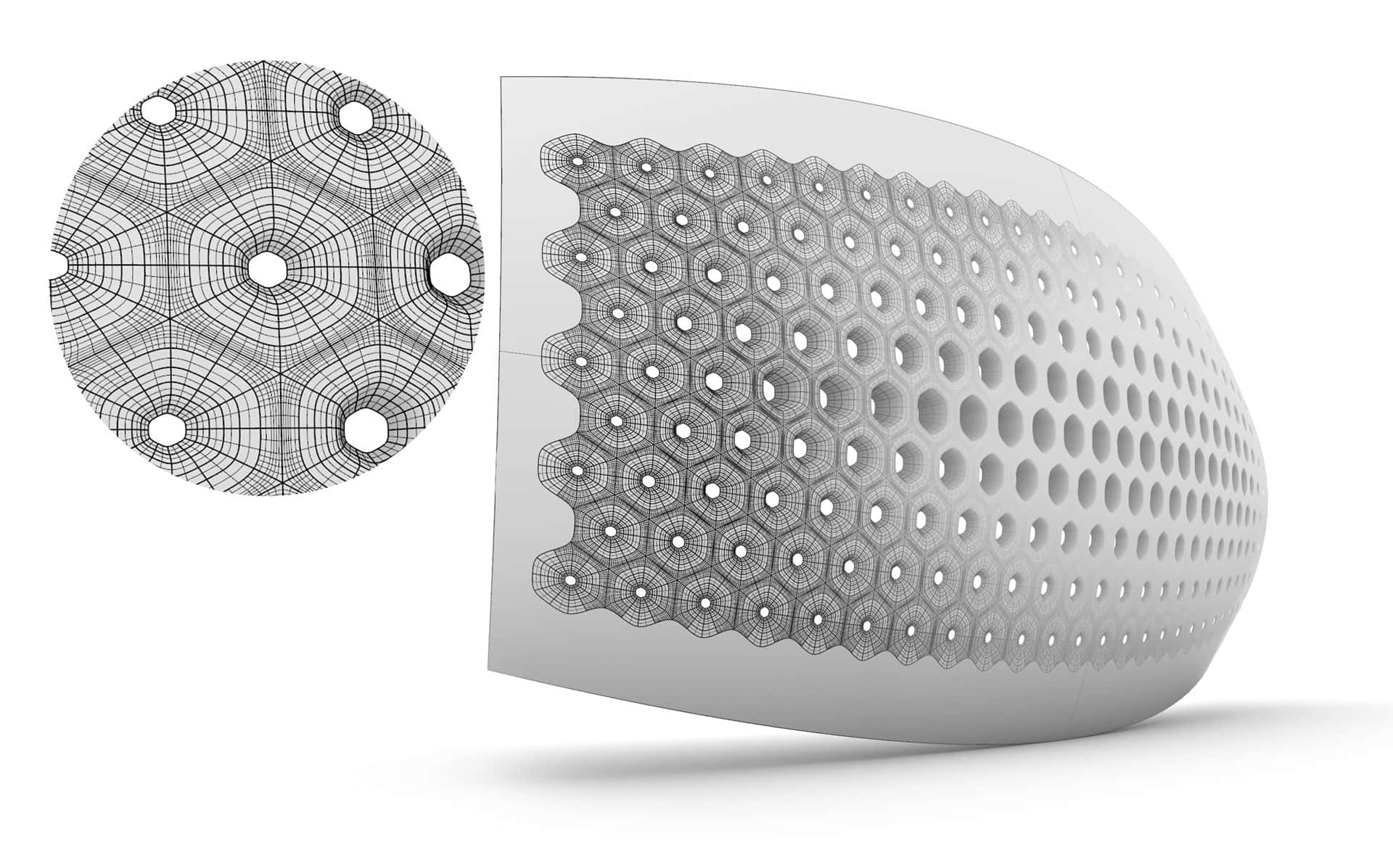 3d Modeling 桌布 壁紙 — 一個時尚的弧形建築面板，帶有六角形穿孔和詳細的線框圖案，以橫截面顯示。
