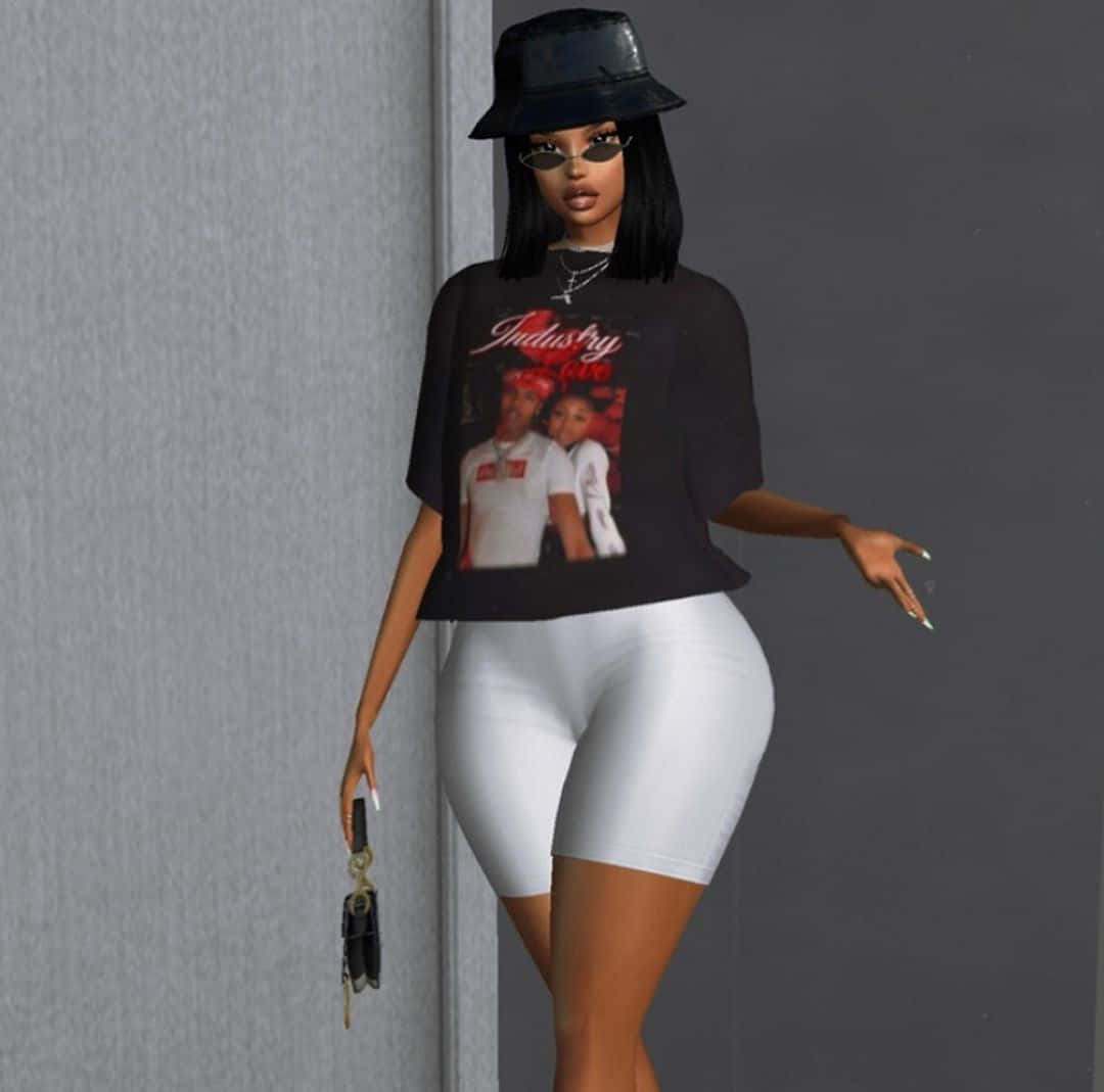 imvu 桌布 壁紙 — 一個時尚的數碼頭像，戴著黑色漁夫帽和圖案T恤，靠著灰色牆壁，手持鑰匙。