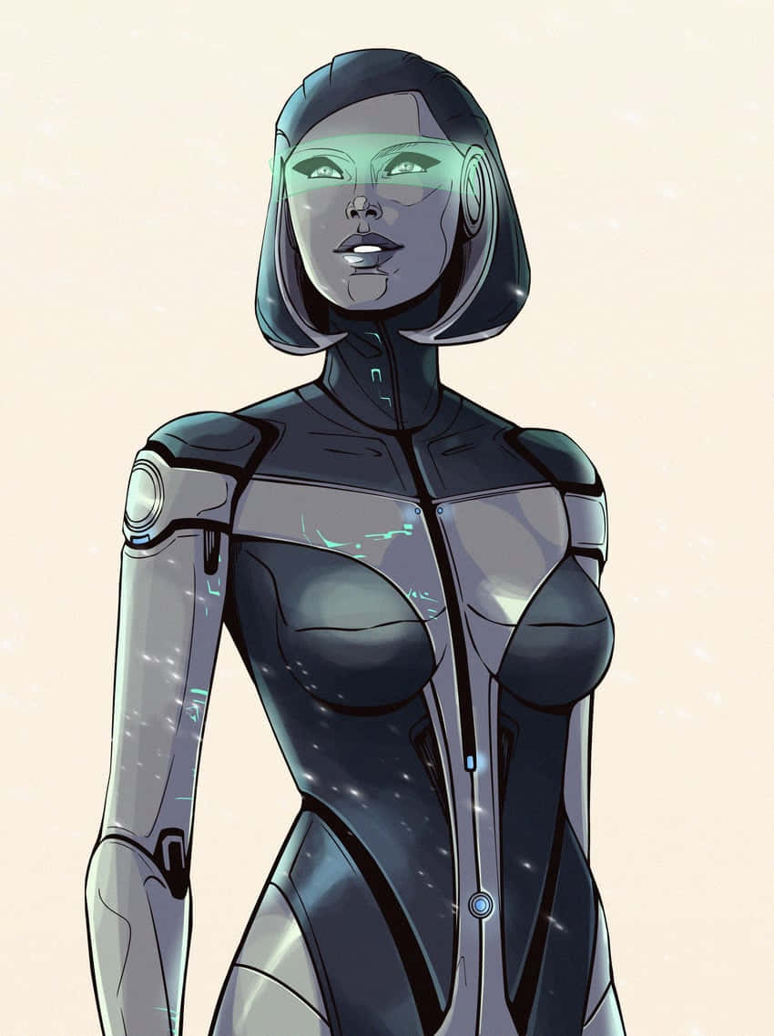 Mass Effect Edi 桌布 壁紙 — 一個時尚的未來女性機械人，擁有發光的綠色眼睛和金屬緊身衣，在柔和的米色背景前擺好姿勢。