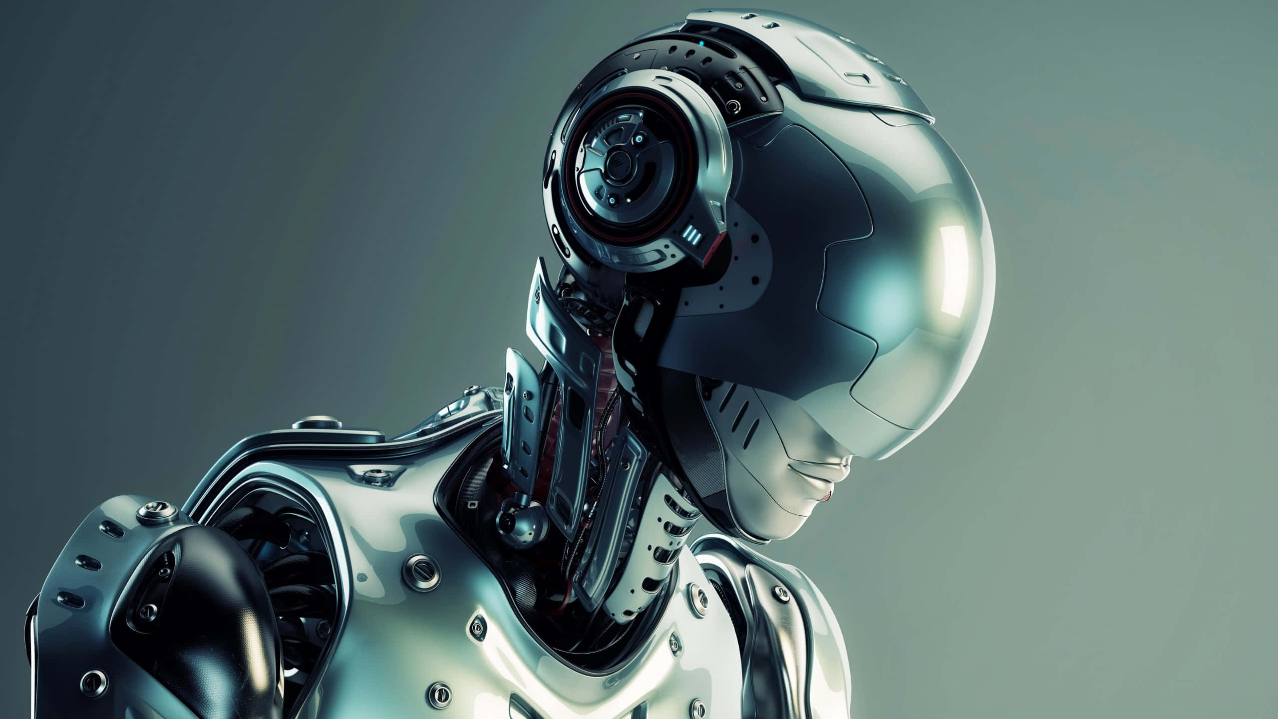3d Technology 桌布 壁紙 — 一個時尚的未來機器人，帶有反光鍍鉻頭部和暴露的機械頸部，在柔和的灰色背景上柔和地發光。