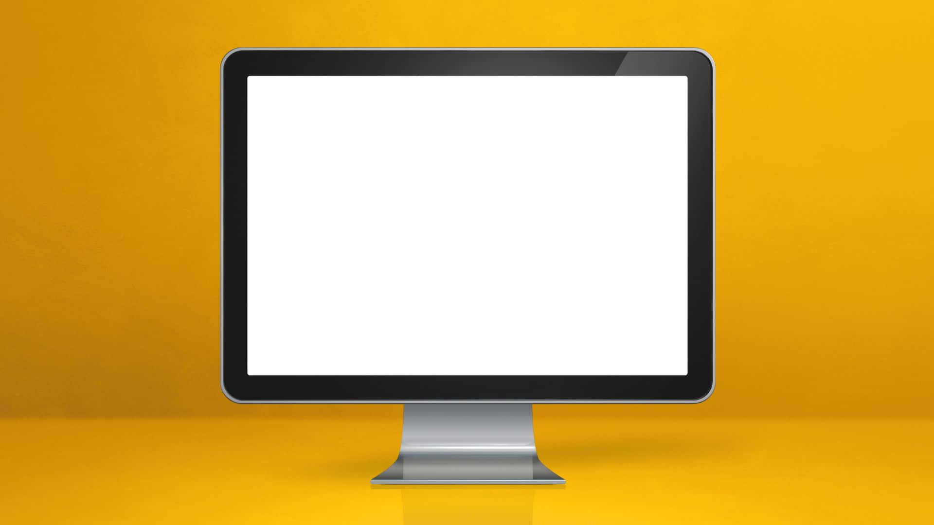 Computer Screen 桌布 壁紙 — 一個時尚的現代電腦顯示器，帶有空白白色屏幕，居中放置在鮮黃色背景前。