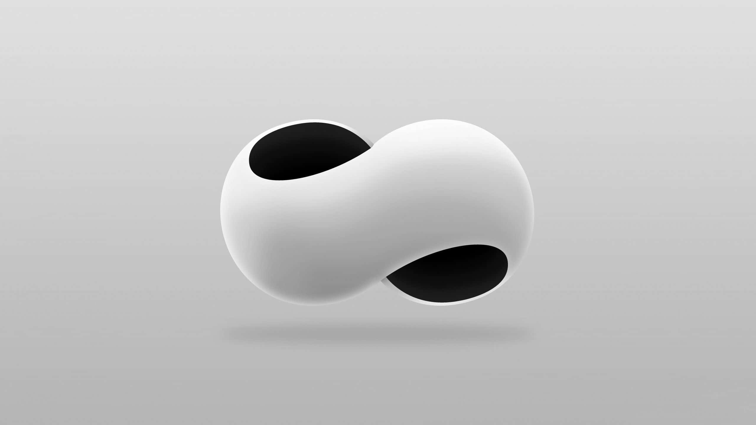 infinity 桌布 壁紙 — 一個時尚的白色無限符號，帶有黑色內部空洞，漂浮在柔和的灰色漸變背景上。