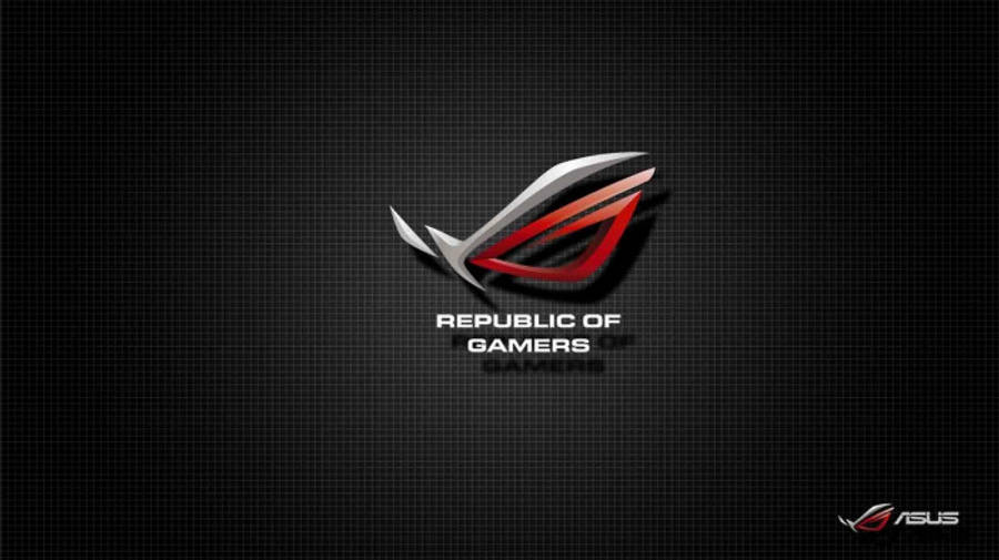 Gaming Logos 桌布 壁紙 — 一個時尚的紅色和銀色 ROG 標誌在深色網格背景上發光，並帶有 'Republic of Gamers' 文字。