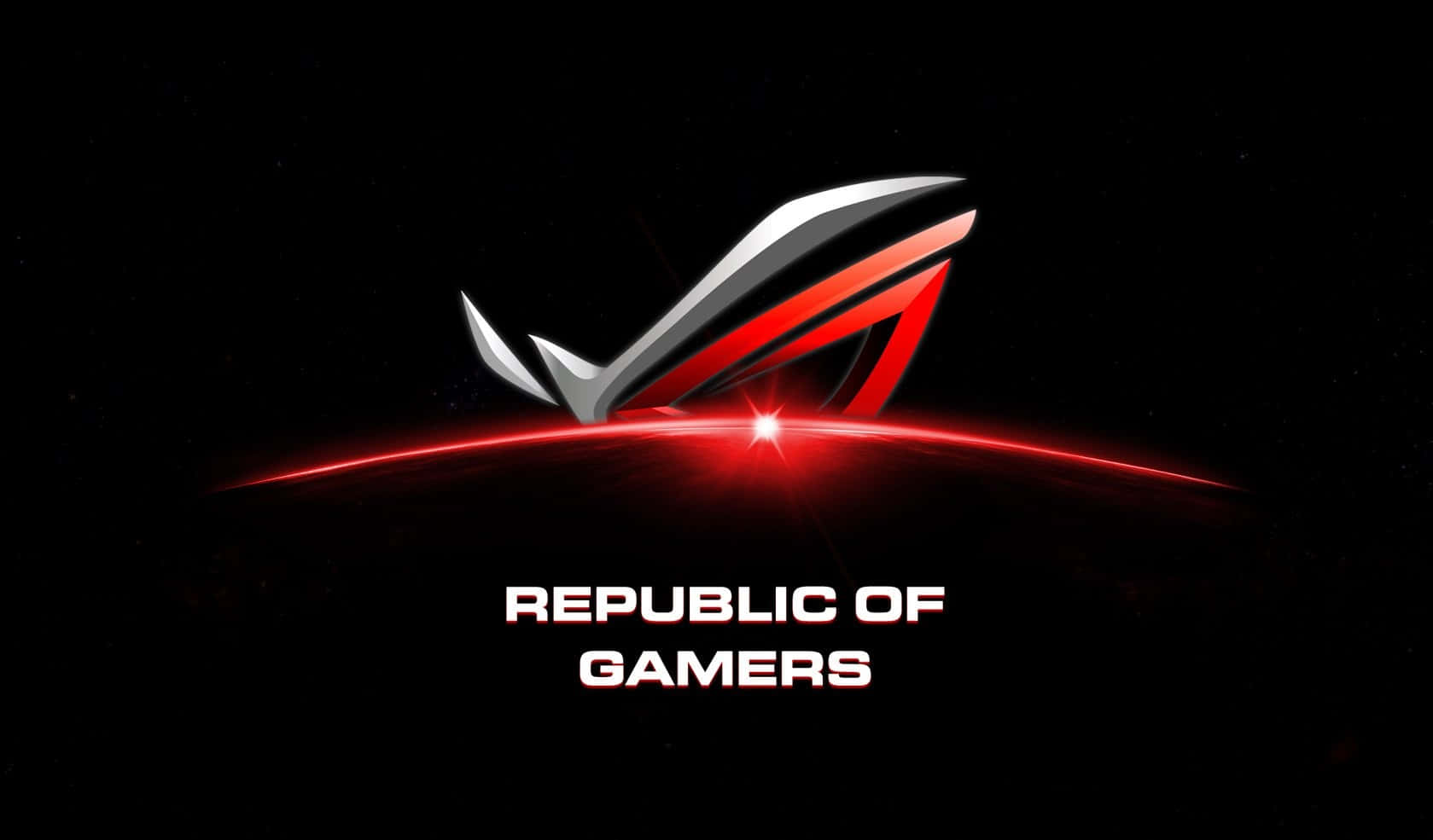 Pro Gamer 桌布 壁紙 — 一個時尚的紅色和銀色 ROG 標誌懸浮在一個發光的紅色行星曲線之上，背景是繁星點點的黑色虛空。