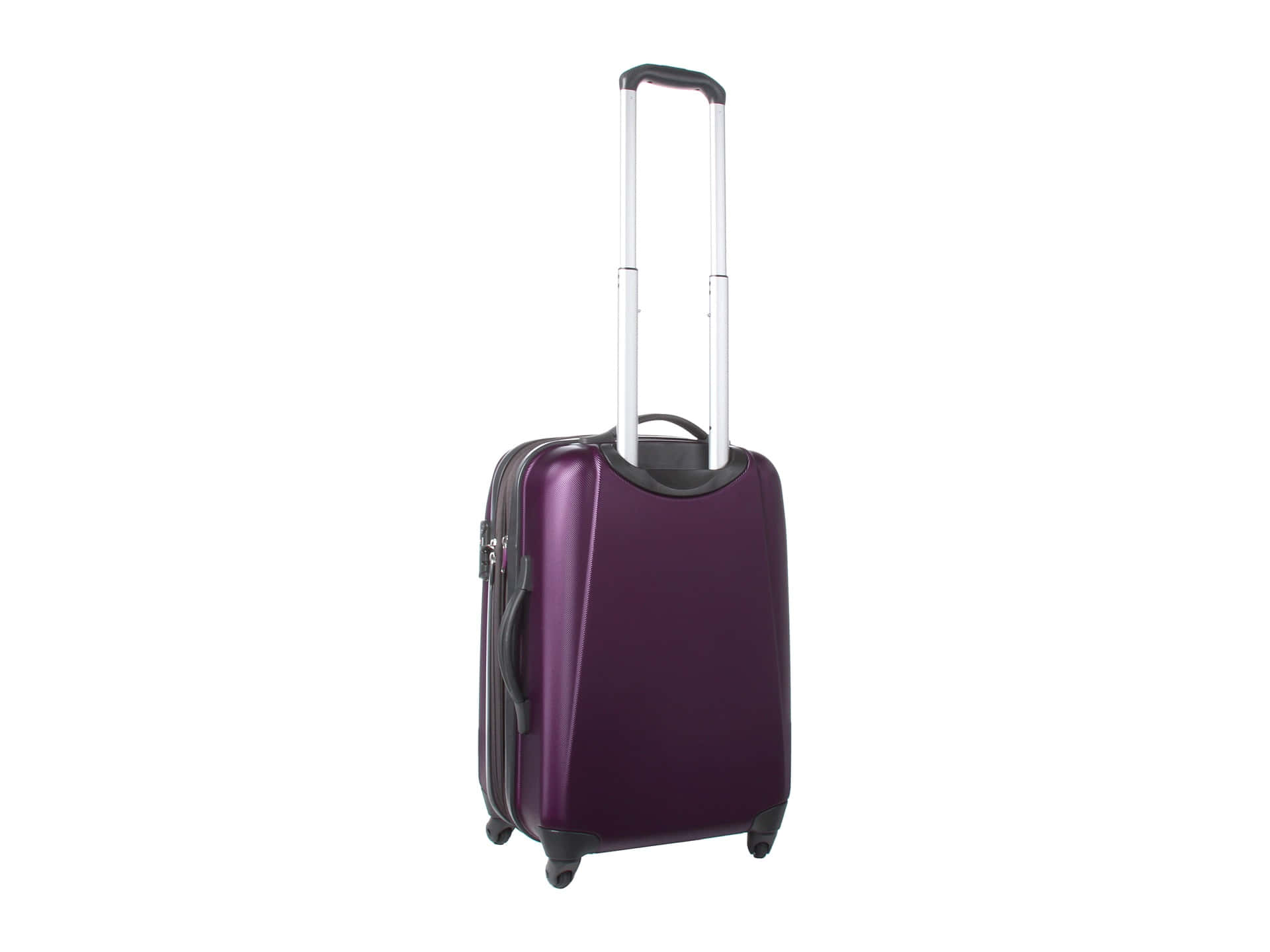 Purple Luggage 桌布 壁紙 — 一個時尚的紫色硬殼行李箱，帶有伸出的銀色伸縮手柄和黑色輪子，孤立地立在白色背景上。