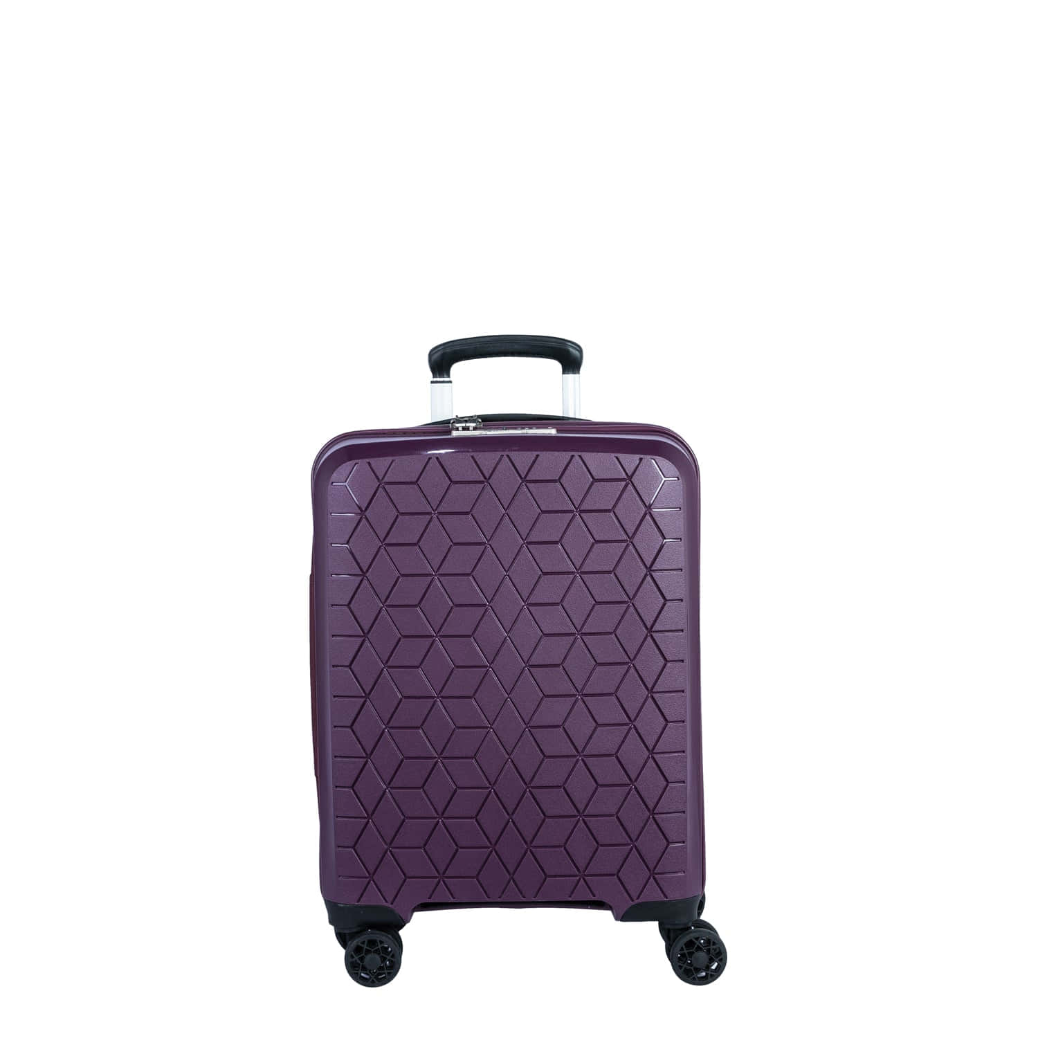 Purple Luggage 桌布 壁紙 — 一個時尚的紫色行李箱，帶有幾何壓紋和黑色輪子，立在純白色背景前。