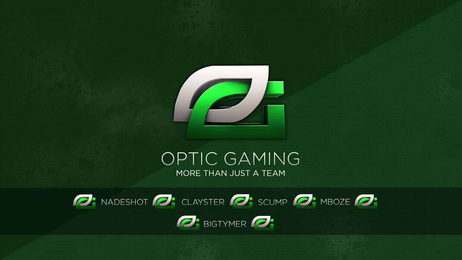  壁紙 — 一個時尚的綠色和銀色 Optic Gaming 標誌，下方有玩家名字，背景為帶紋理的深綠色。