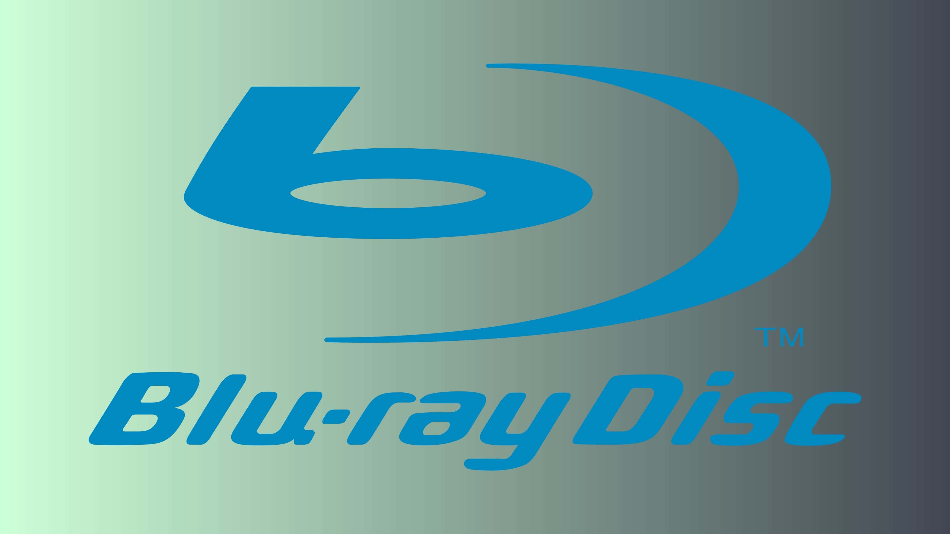 4K Blu-ray 桌布 壁紙 — 一個時尚的藍色Blu-ray Disc標誌，居中於從淺綠色漸變到深灰色的背景上。
