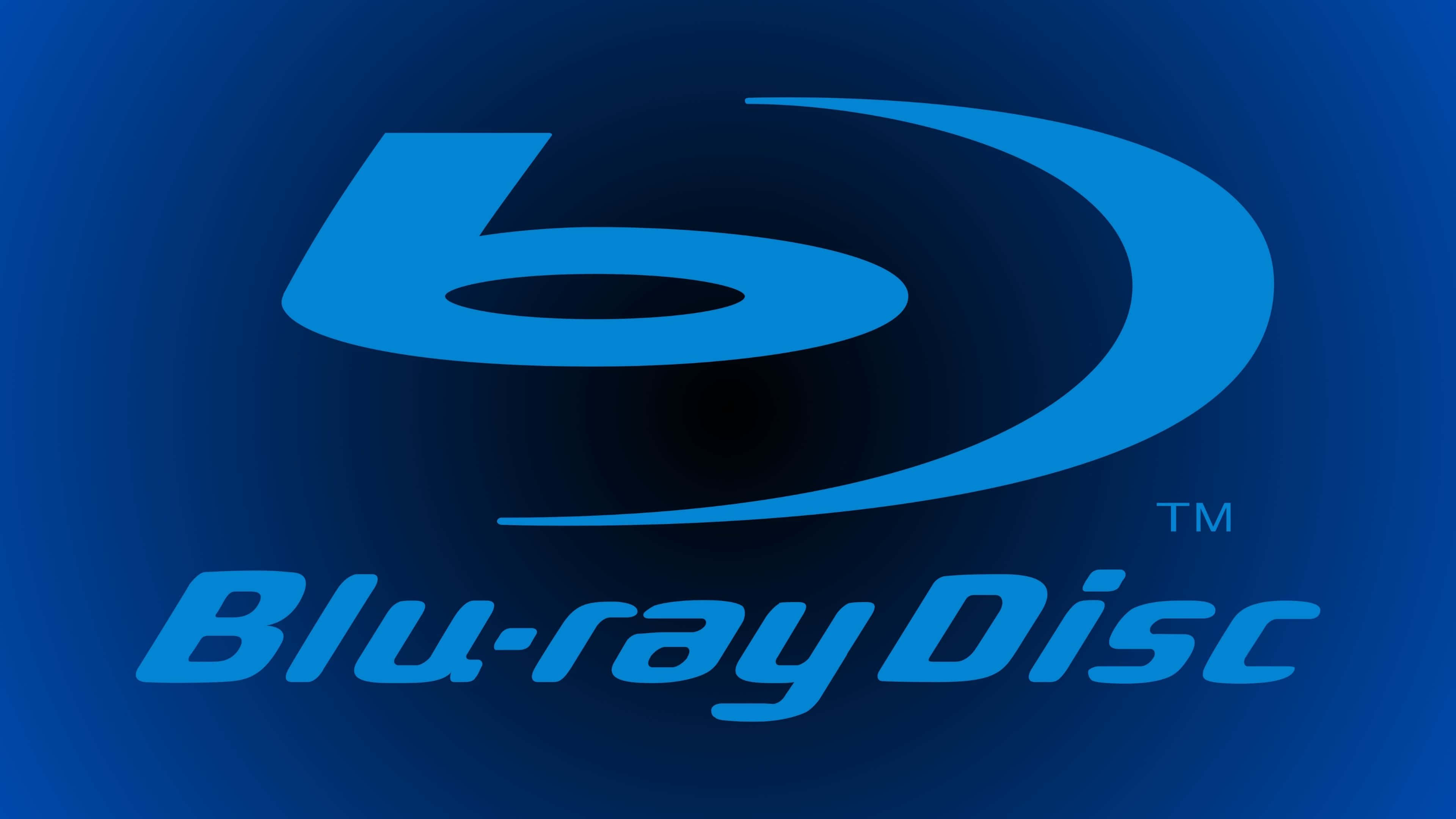 4K Blu-ray 桌布 壁紙 — 一個時尚的藍色Blu-ray Disc標誌在漸變藍色背景上發光，帶有微妙的徑向光效。