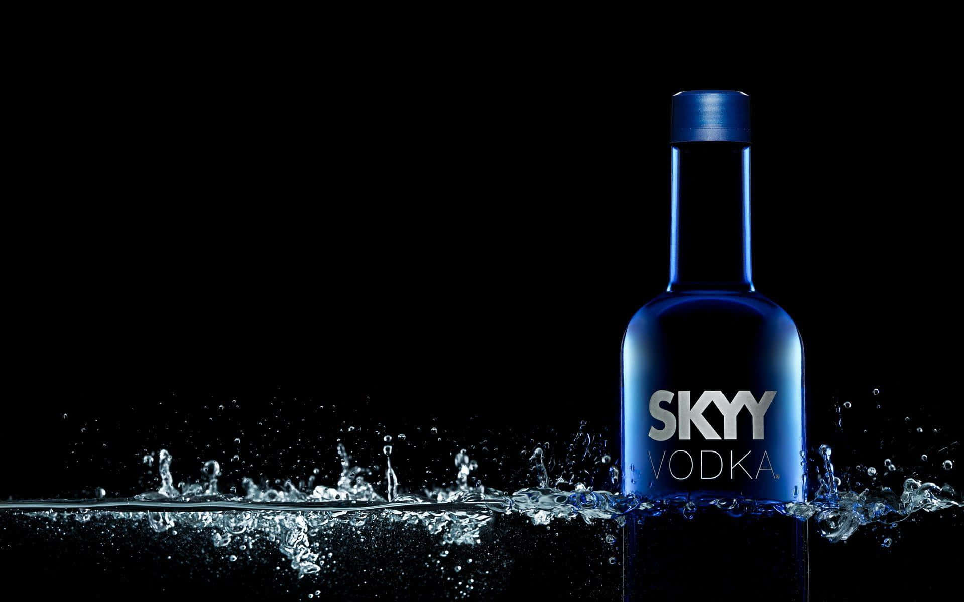alcohol 桌布 壁紙 — 一個時尚的藍色Skyy Vodka酒瓶從動態的水花中浮現，背景是純黑色。
