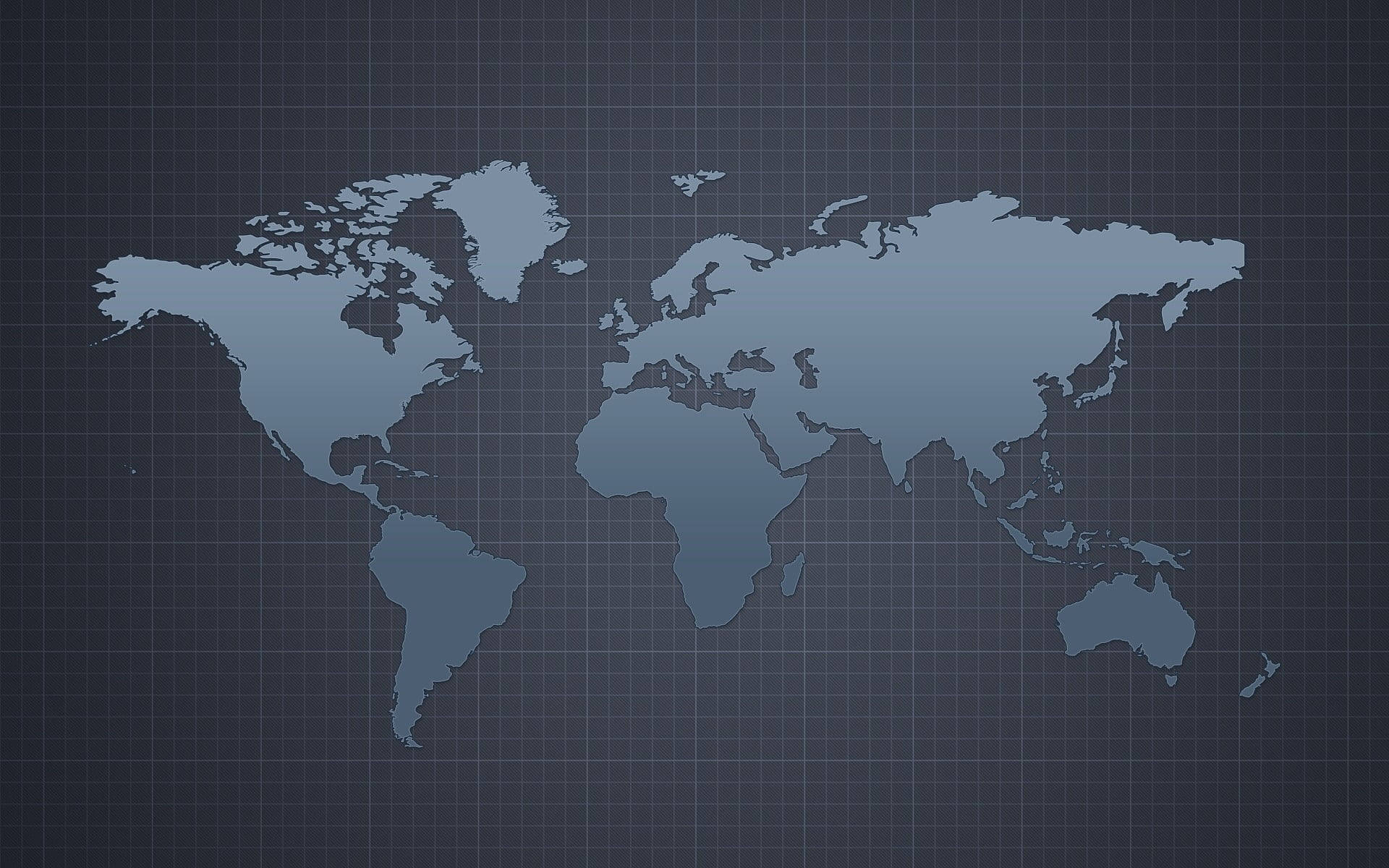 世界地圖 桌布 壁紙 — 一個時尚的藍色世界地圖輪廓，置於帶有微妙漸變陰影的深色網格背景上。
