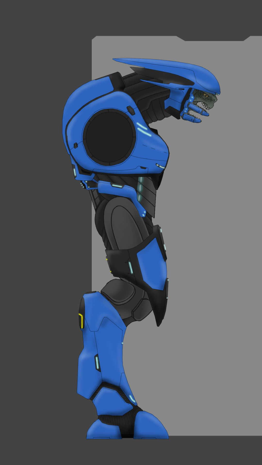Sangheili 桌布 壁紙 — 一個時尚的藍色和黑色裝甲人形機器人側面站立在純灰色背景前。