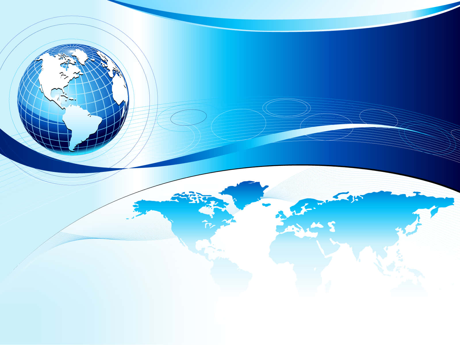 Global 桌布 壁紙 — 一個時尚的藍色地球儀和世界地圖漂浮在動態曲線上，背景為漸變藍色。