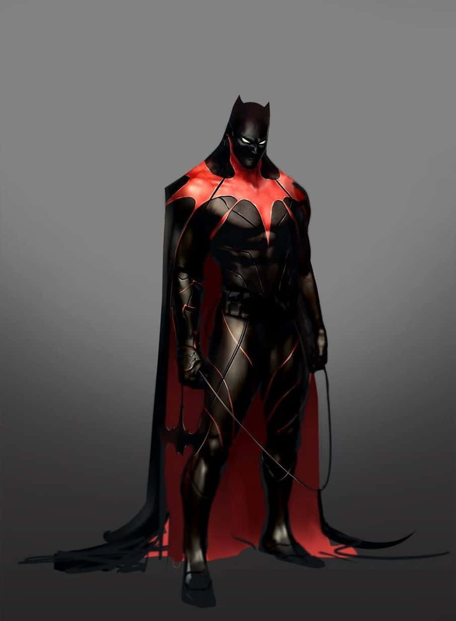 Batman Knightfall 桌布 壁紙 — 一個時尚的裝甲蝙蝠俠，帶有發光的紅色點綴和飄逸的斗篷，在柔和的灰色背景前擺出姿勢。