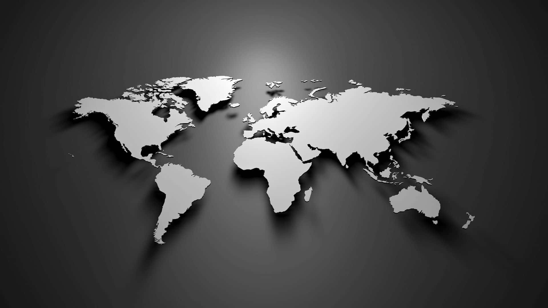 3d Map 桌布 壁紙 — 一個時尚的金屬世界地圖剪影在深色漸變背景上投下柔和陰影。